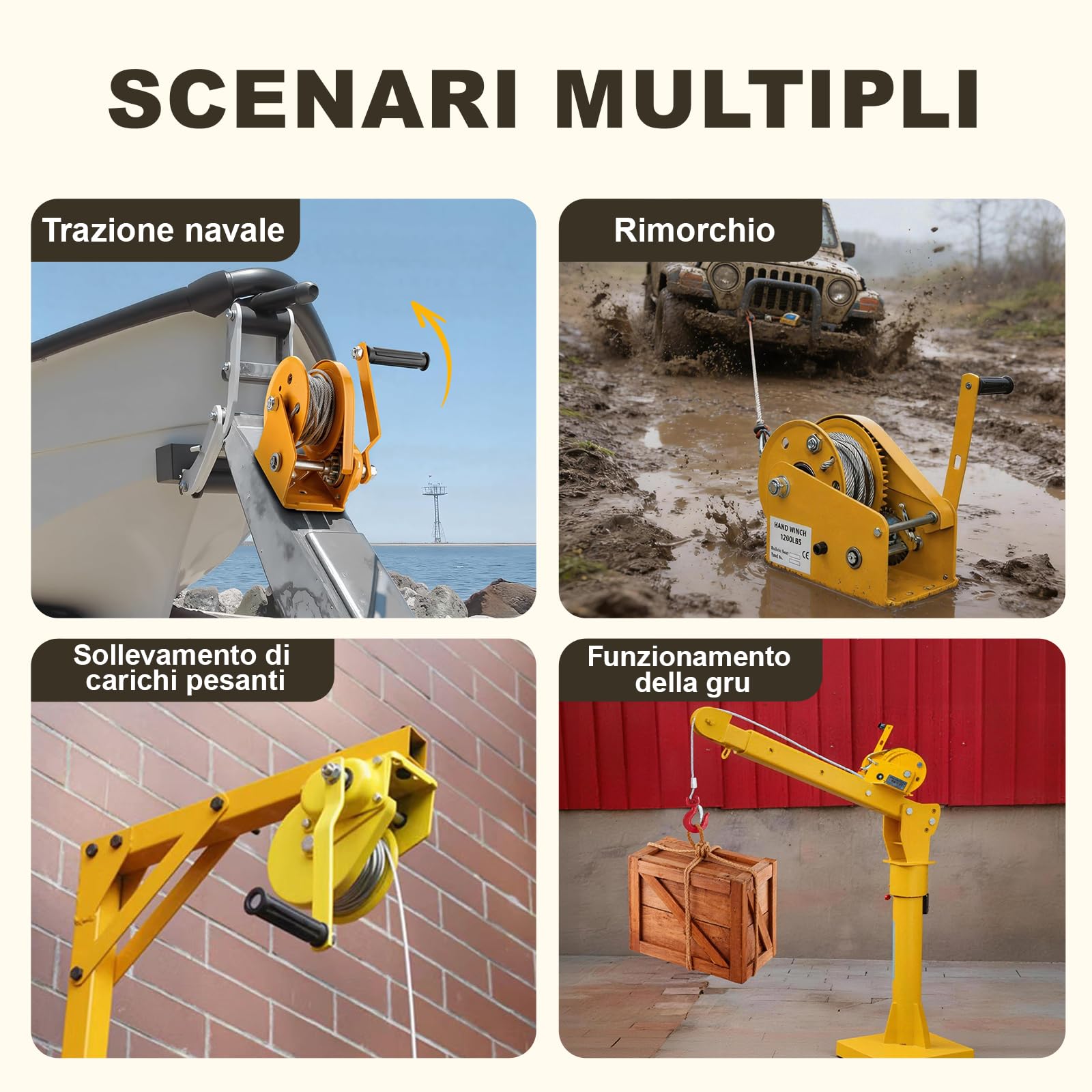Verricello Manuale Portatile 500-1100kg, Freno Automatico Autobloccaggio, Fune Metallica con Gancio Sicurezza, per Imbarcazioni, Rimorchi, Sollevamento(10m,1200lbs)