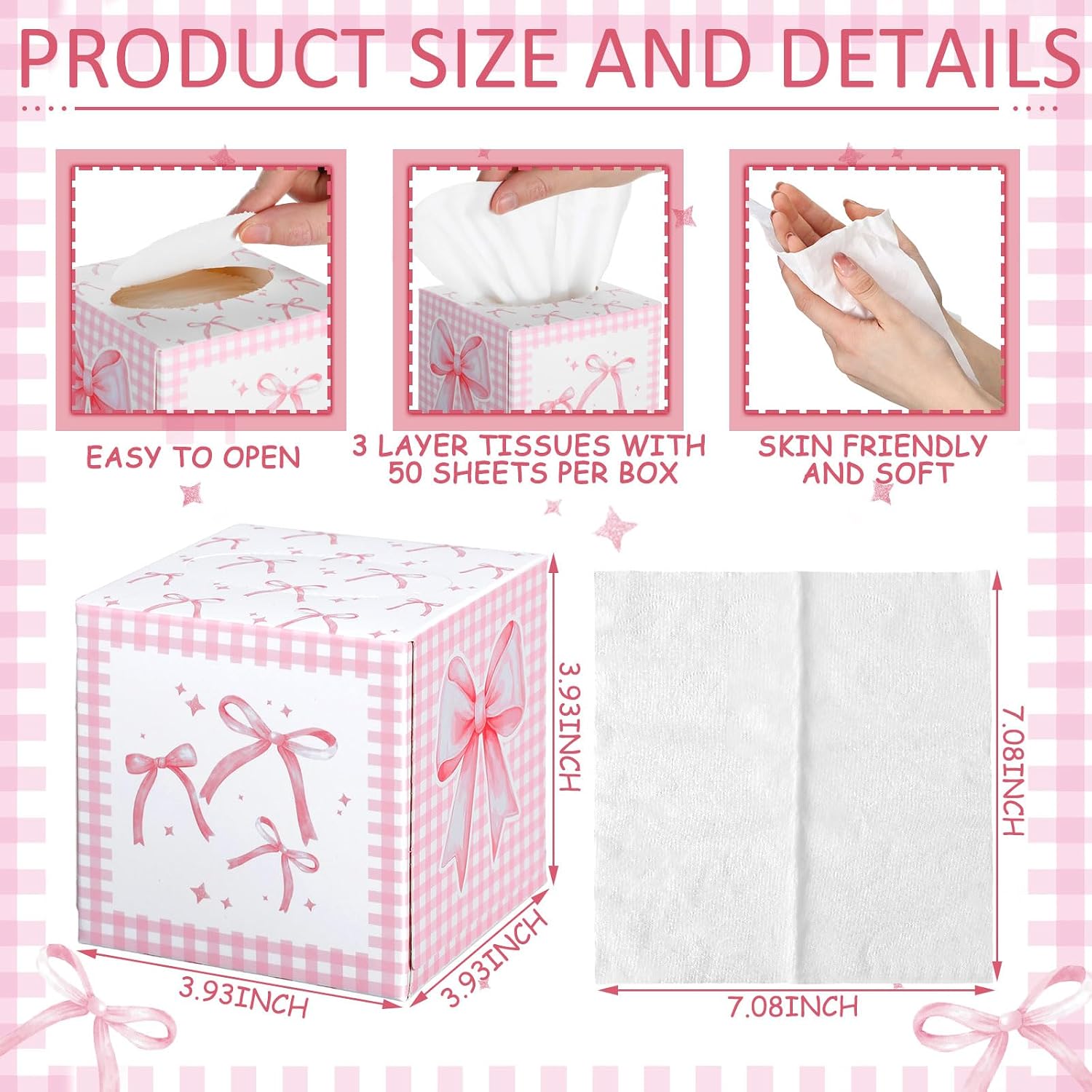 Fourluoo 12 Pack Pink Bow Facial Tissue Cube Boxes 600 Sheets 3 Ply image 3