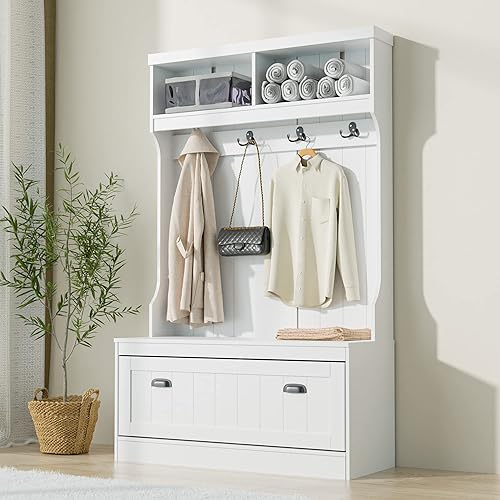 Cozy Castle Árbol de pasillo blanco 3 en 1 de 64 pulgadas con banco, almacenamiento de zapatos, perchero, 4 ganchos, para entrada, vestíbulo