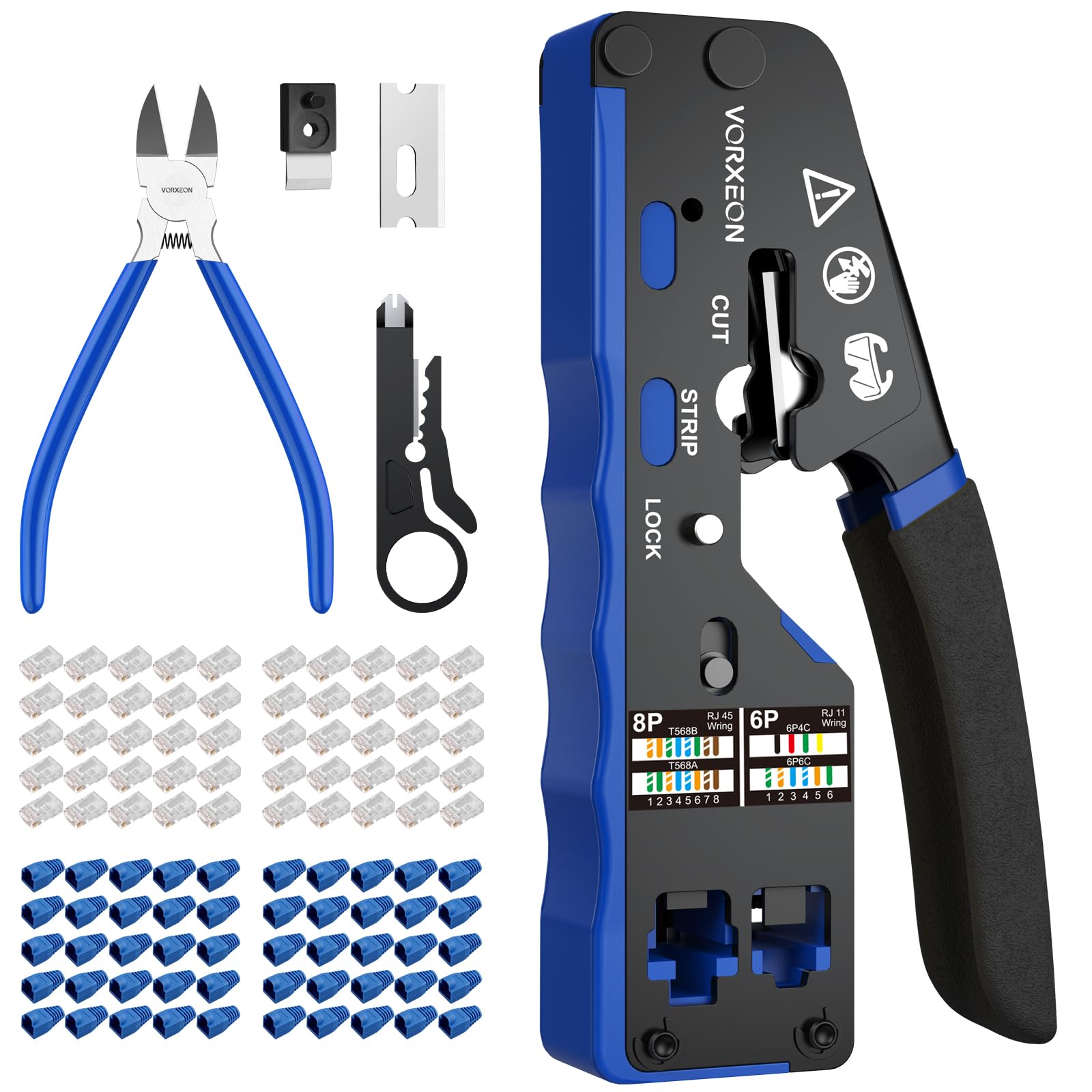Crimpatrice RJ45 Per Cavi Cat5e Cat6 – Incluse 20 Connettori, Kit Rete LAN, Garanzia A Vita