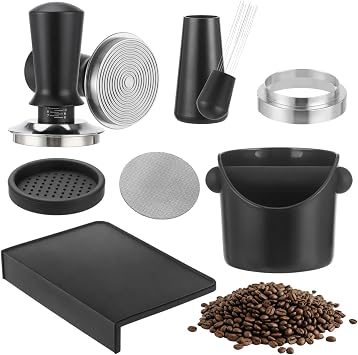 6 PCS Espresso Accessories Kit 58 mm, Coffee Tamper Set with WDT Tool, Dosing Funnel, Puck Screen, Knock Box and Mat, Barista Tools for Espresso Machine Workflow Coffee Preparation