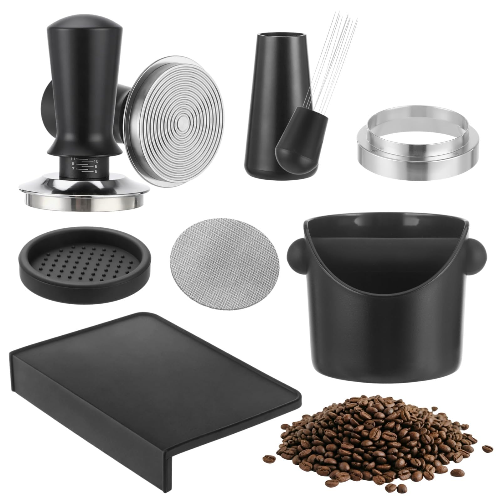 Zestaw akcesoriów do espresso, 58 mm, zestaw tamper do kawy z narzędziem dystrybucyjnym, lejekiem dozującym, ekranem krążkowym, pudełkiem i matą, narzędzia do przygotowywania kawy do ekspresu do kawy
