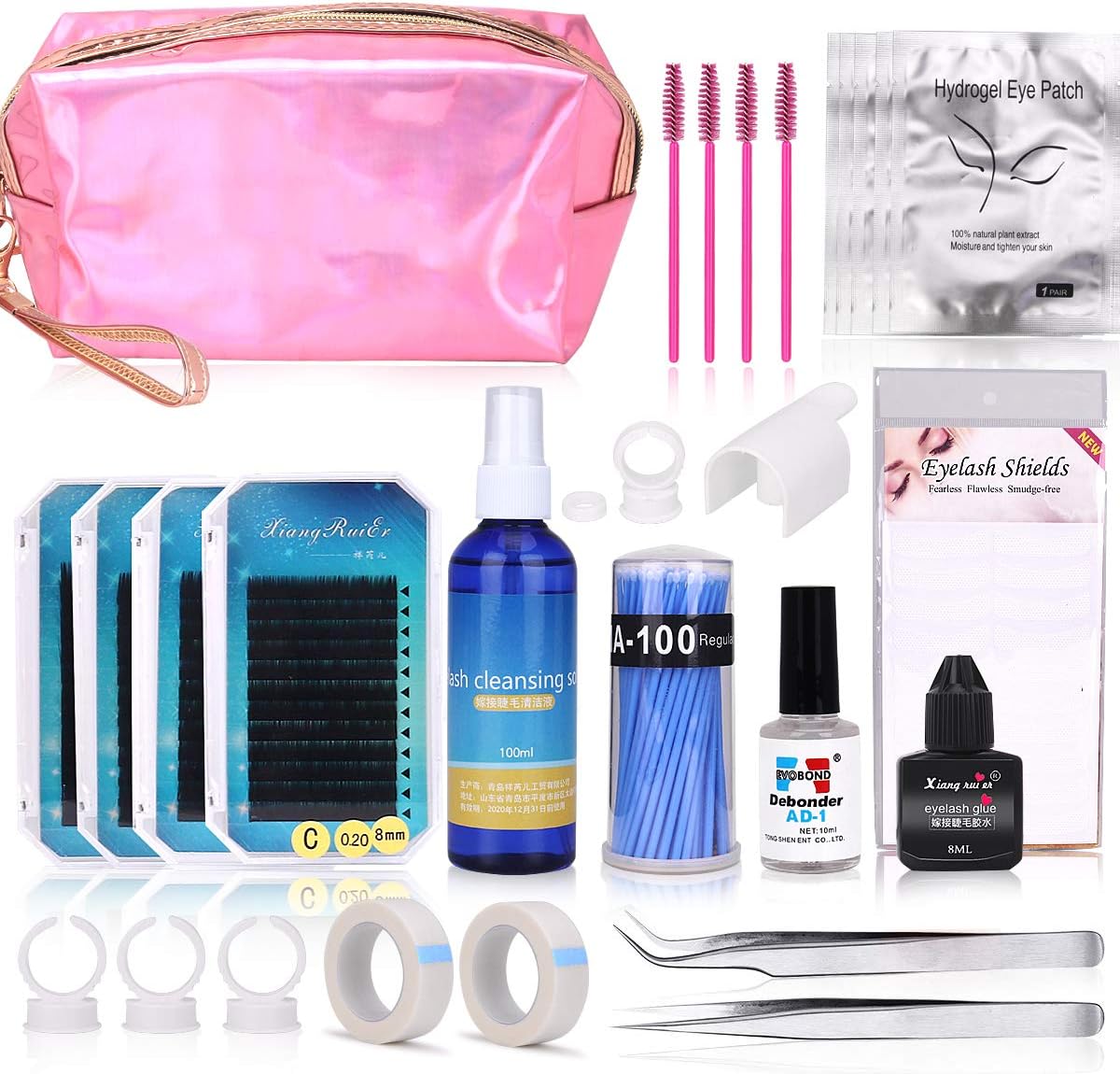 MYSWEETY Diy Lash Extension Kit, Professional Eye Lashes Extension Kit with C Curl Eyelahes Lashes Strip Graft Glue Lint-Free Under Patch Pad Tweezers Cleansing Lotion Tools Case Bag Set