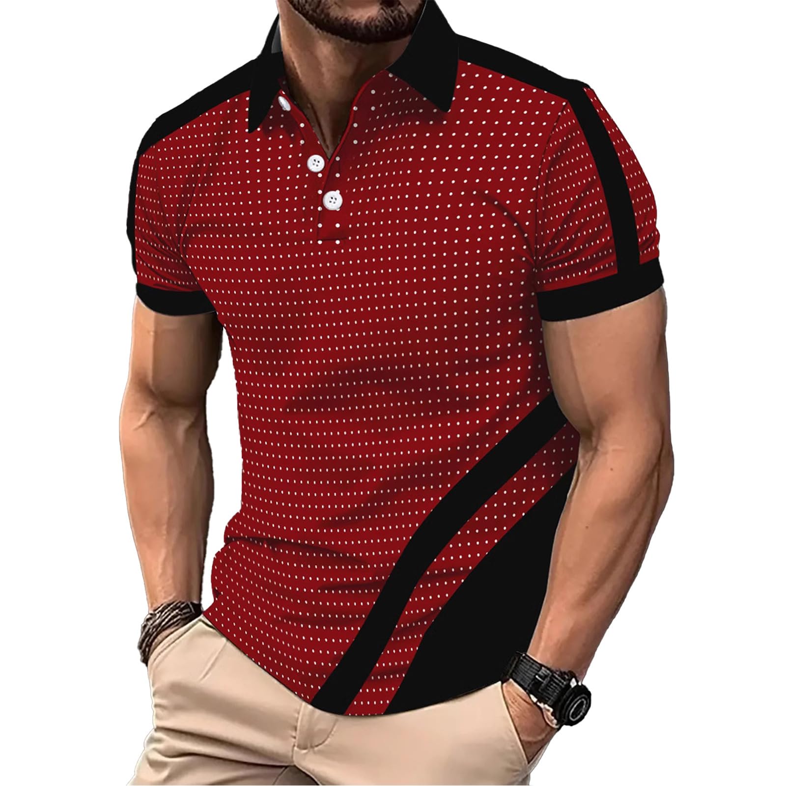 DEEX L Wine Red Men's Polo Shirts Short Sleeve 2026 Casual Polo T Shirt Color Block Slim Fit Summer Collared Golf Shirts