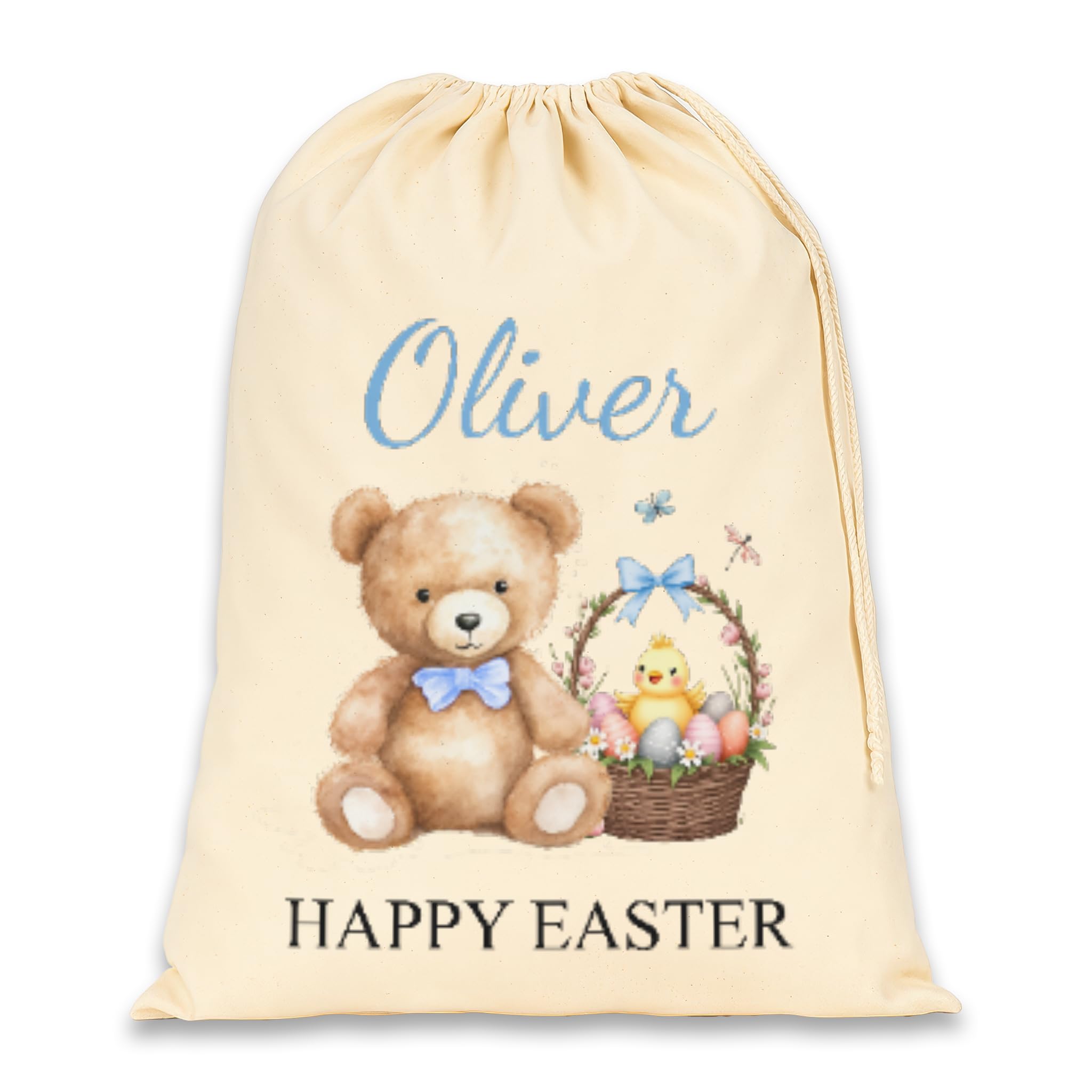 Chicken Craft Personalised Easter Sack - Custom Name Cotton Easter Gift Bag - Teddy Bear & Basket Design - Easter Egg Hunt & Treat Bag for Kids (Happy Easter, Blue)