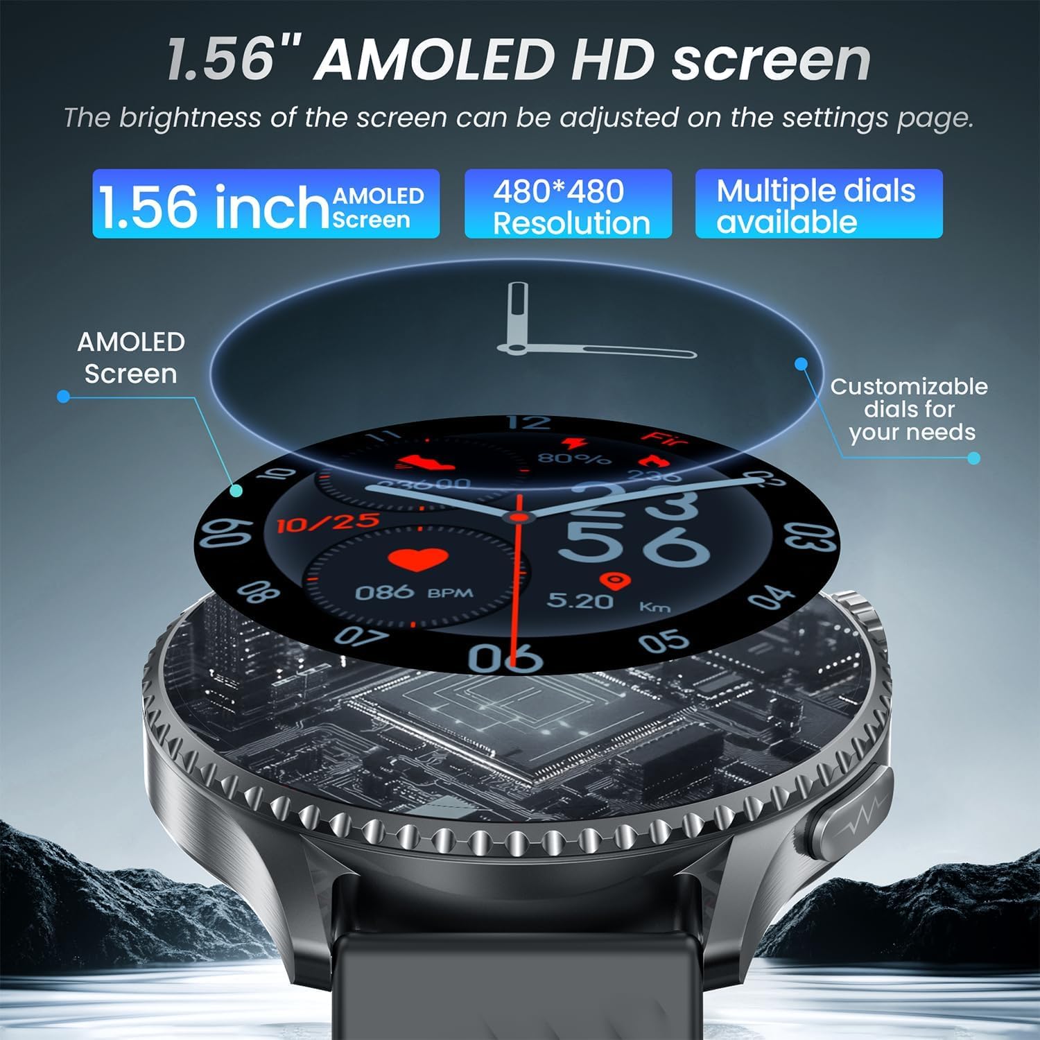 Smartwatch Reloj Inteligente Hombre con ECG: 1,56" AMOLED Smart Watch con Llamadas IP67 Frecuencia Cardíaca Spo2 Presión Arterial Sueño Bluetooth Pulsera Fitness deportivo 440mAh para Android iOS