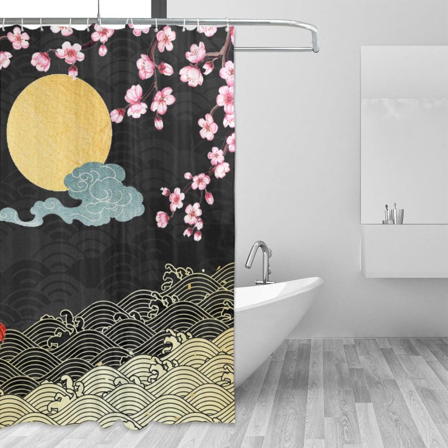 Koi Fish Shower Curtain,Japanese Style Wave Pink Cherry Blossom Print Shower Curtain for Bathroom Decor Asia Oriental Theme Fabric Waterproof Upholstery Hook 72x72inch