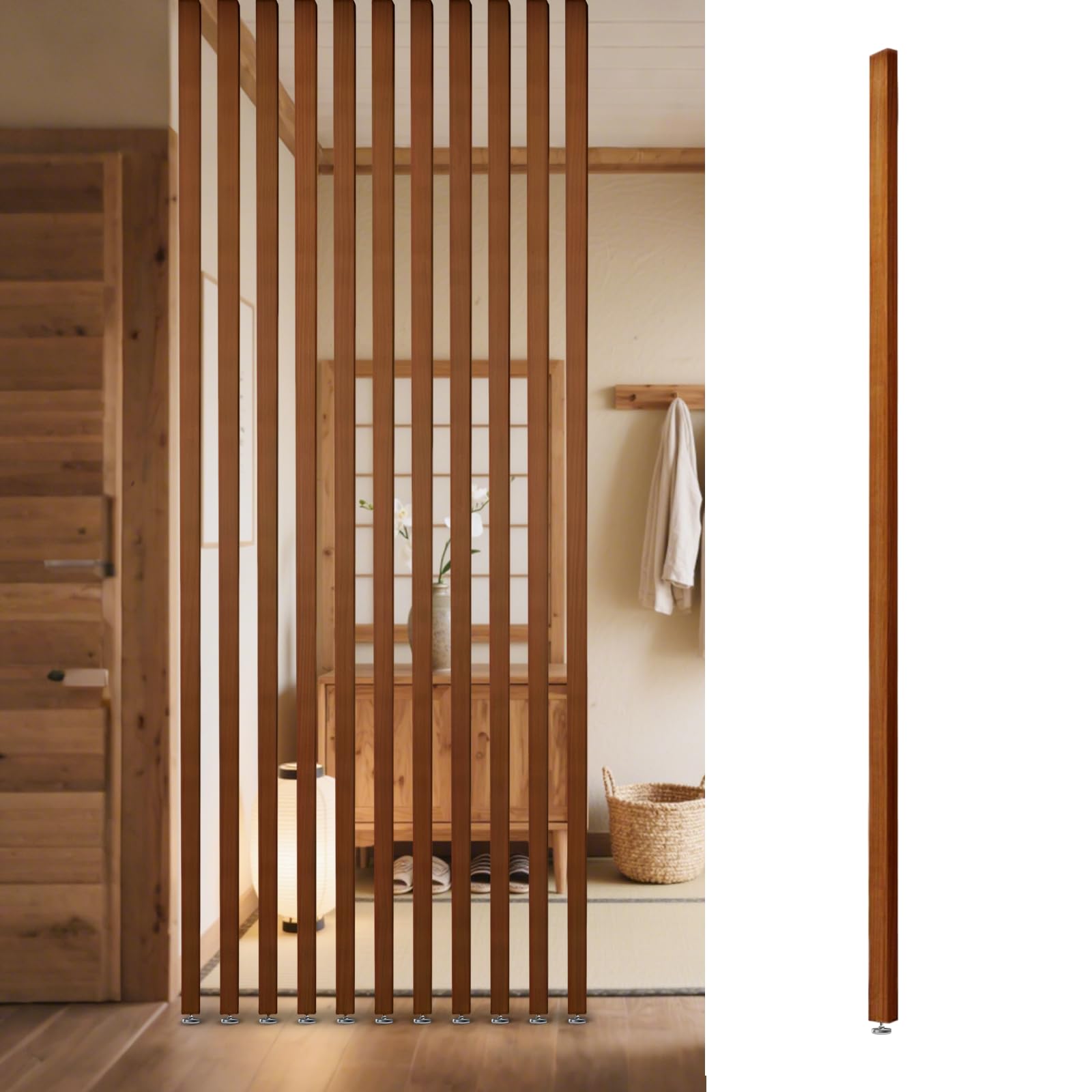 Room Divider Freestanding Wooden Partition - Floor to Ceiling Space Separator Panel for Restaurants, Offices, and Decor - Hollow Slats for Stairways and Porches