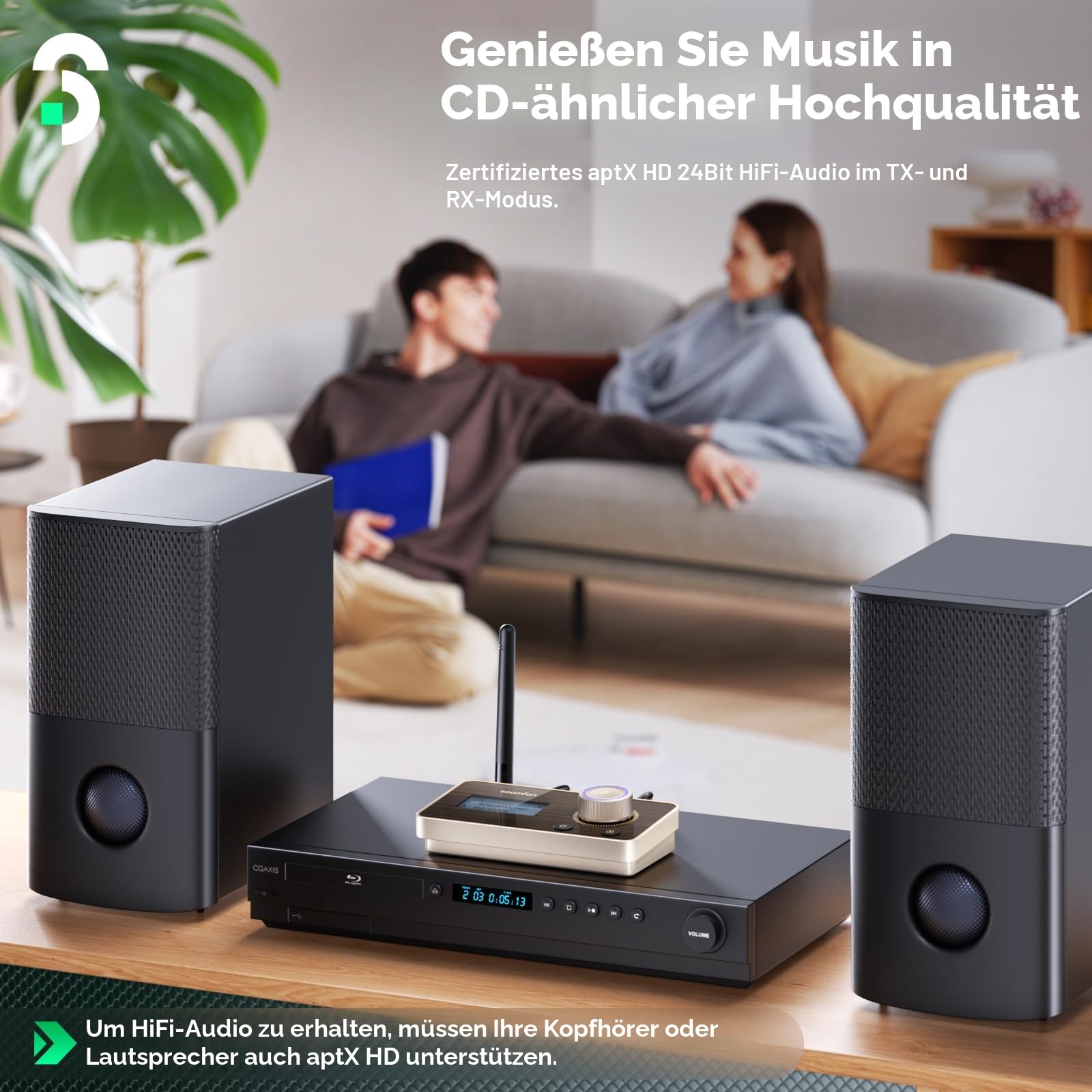 SOOMFON aptX LL & HD Bluetooth 5.2 Sender Empfänger, 3-in-1 HiFi Bluetooth Adapter Transmitter Receiver für TV, Stereoanlage & Kopfhörer, Lautstärke Regeln, Duale Verbindung, Aux/Optisch/RCA