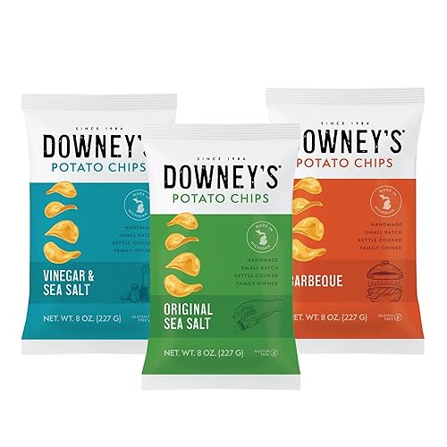 Downey's Papas fritas, paquete variado, sal marina original, vinagre y sal marina, barbacoa, papas fritas cocidas en hervidor, aperitivo hecho a