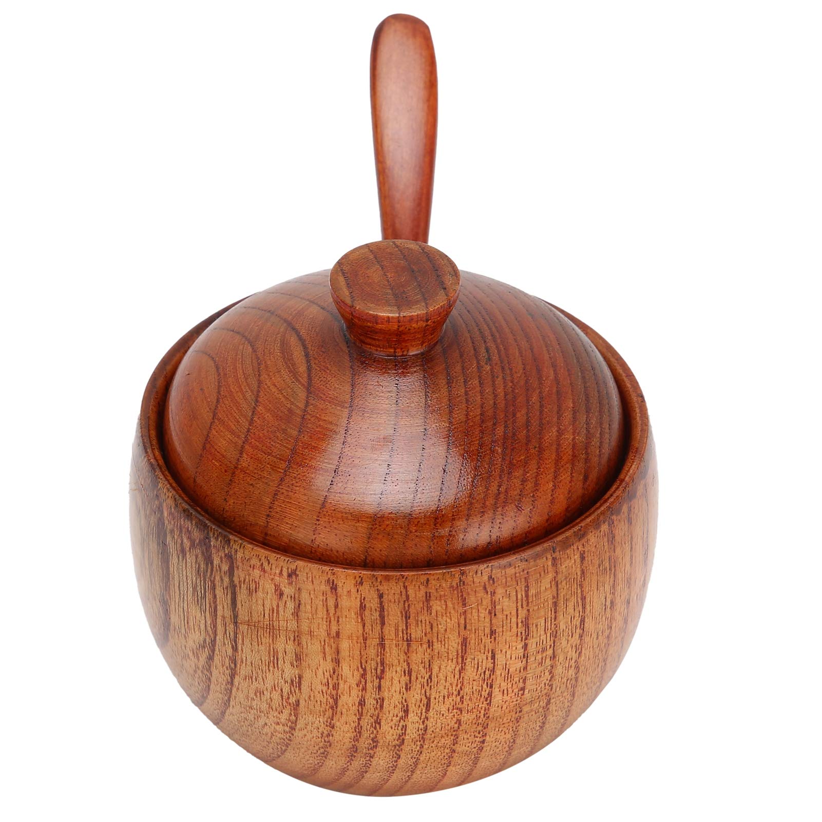 Yosoo Wood Pot Sugar Bowl Salt Seasoning Box with Spoon and Lid Kitchen Tool Pot Lid Spoon Sugar Salt Sauce Retro Japanese