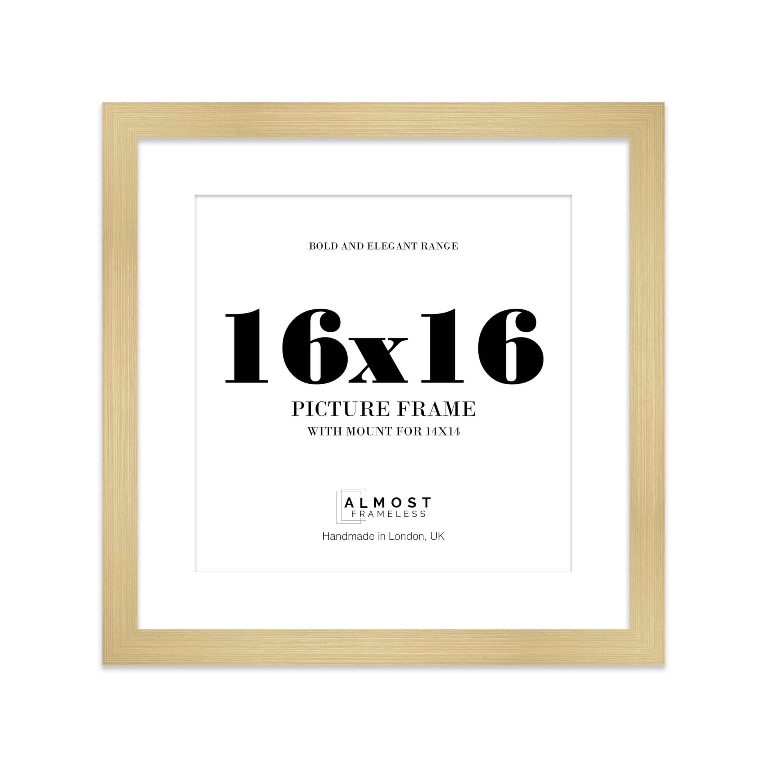16x16" Gold Square Frame With Mount for 14x14" Pictures 28mm Edge Frame Display with Wall Hooks, 1 Pack