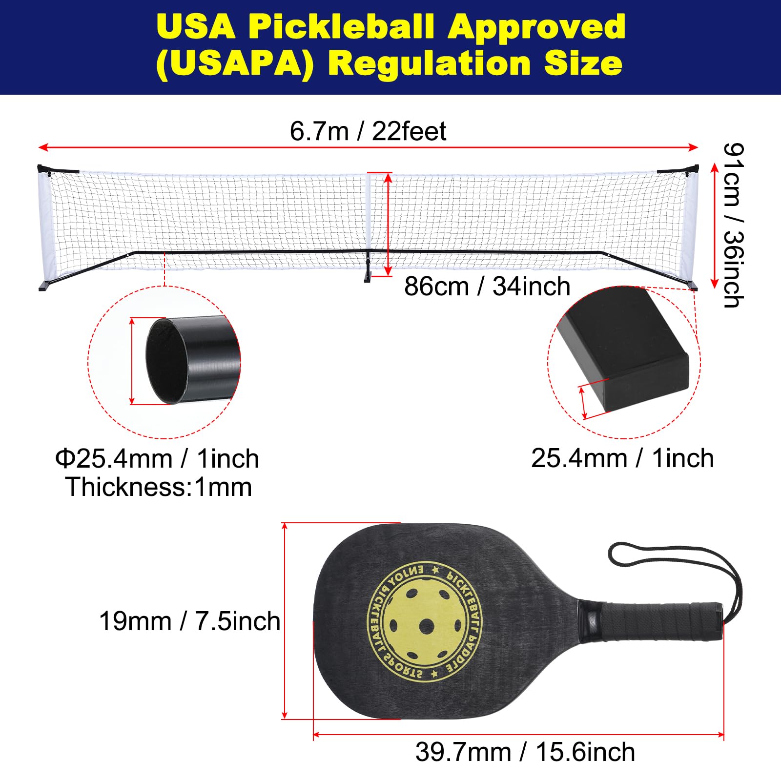 PATIKIL Pickleball Rete Set 22FT Regolamento Dimensioni Portatile Rete sistemi con 4 Pickleball, 4 Pagaie & Borsa Trasporto per Vialetto Cortile Interno Esterno, Nero