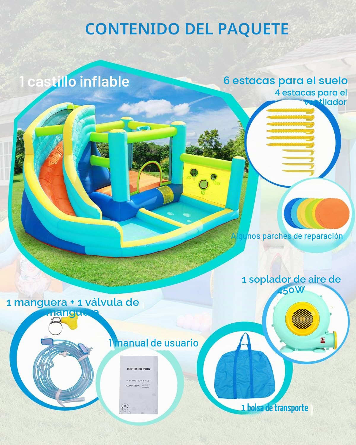 FBSPORT Castillo Hinchable Acuatico con Tobogán Seco/AcuáTico, Trampolín, Pared De Escalada y Piscina Infantil, Castillo Hinchable Grande para Niños para Jardín Exterior Interior 360 X 340 X 218 cm