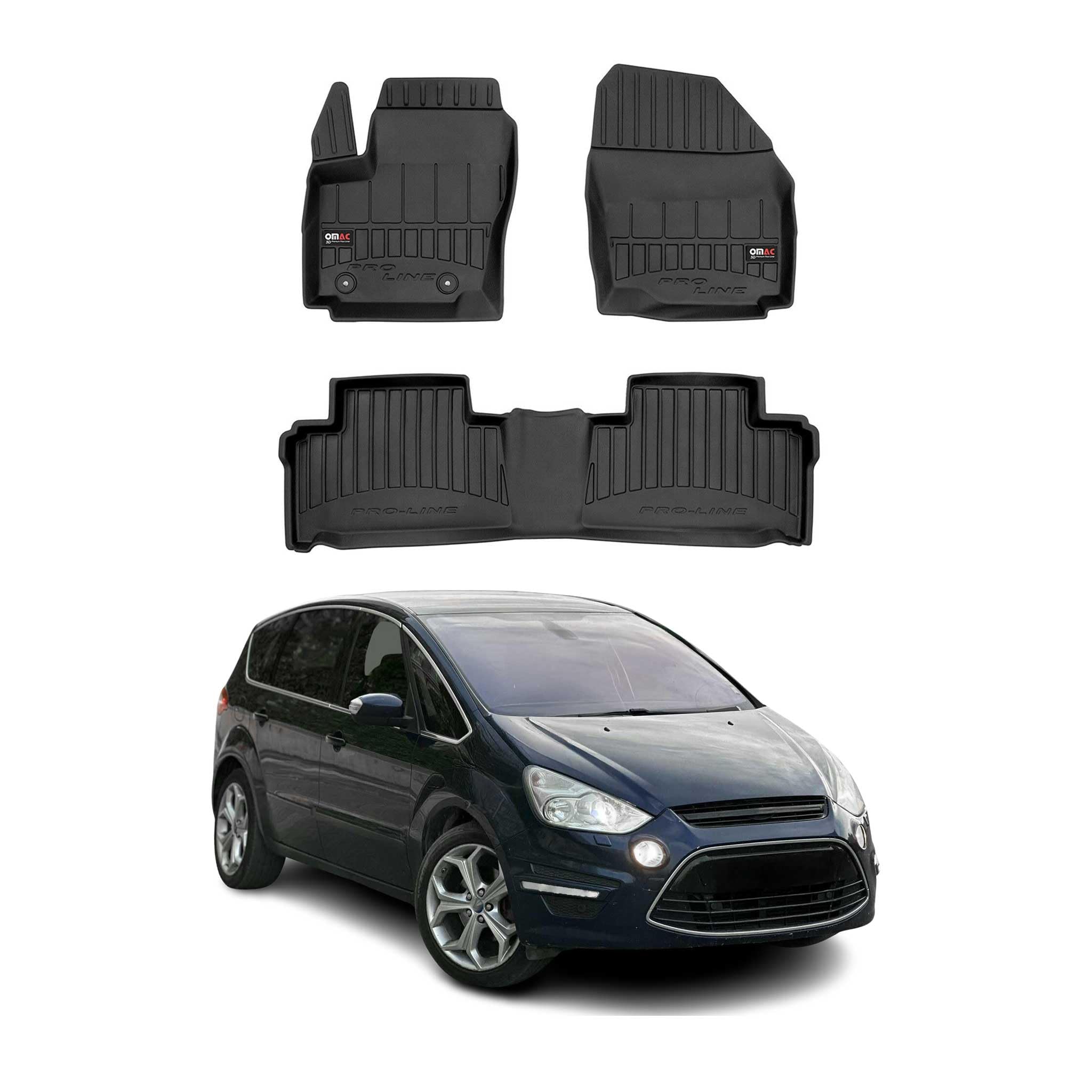 Tapis de Sol 3D TPE Premium Compatible avec Ford S-Max 2006-2014 | Revêtement de Sol pour Voiture - Intérieur antidérapant - Bords Hauts - Noir