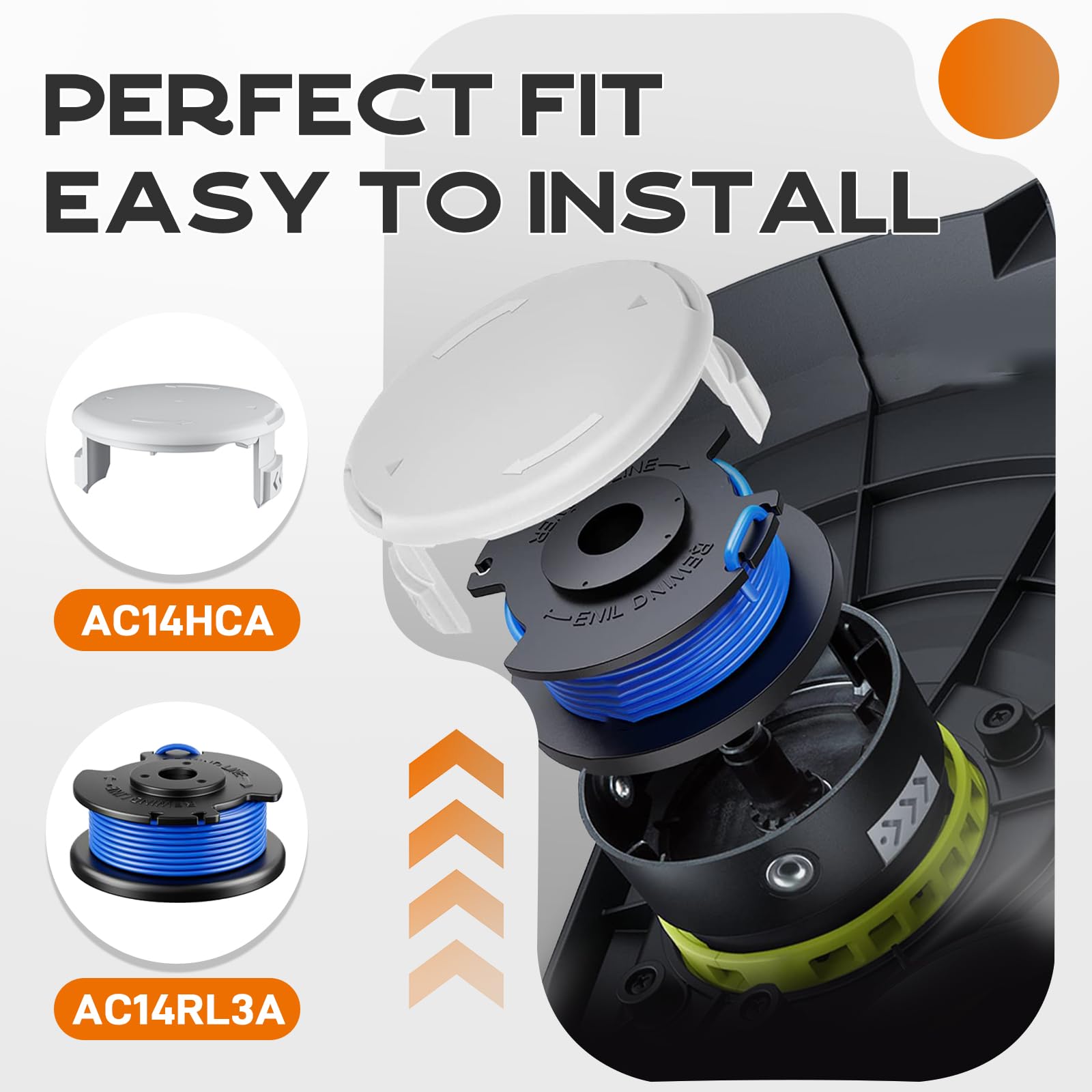 AC14RL3A Kompatibel mit Ryobi 18 V, 24 V, 40 V schnurlosen Trimmern und AC14HCA Abdeckkappe, Ersatz-Saitenspule Ryobi One Plus+ Unkrautvernichter, automatische Zufuhr, Nachfüllschnur, 3,4 m, 0,2 cm, 3