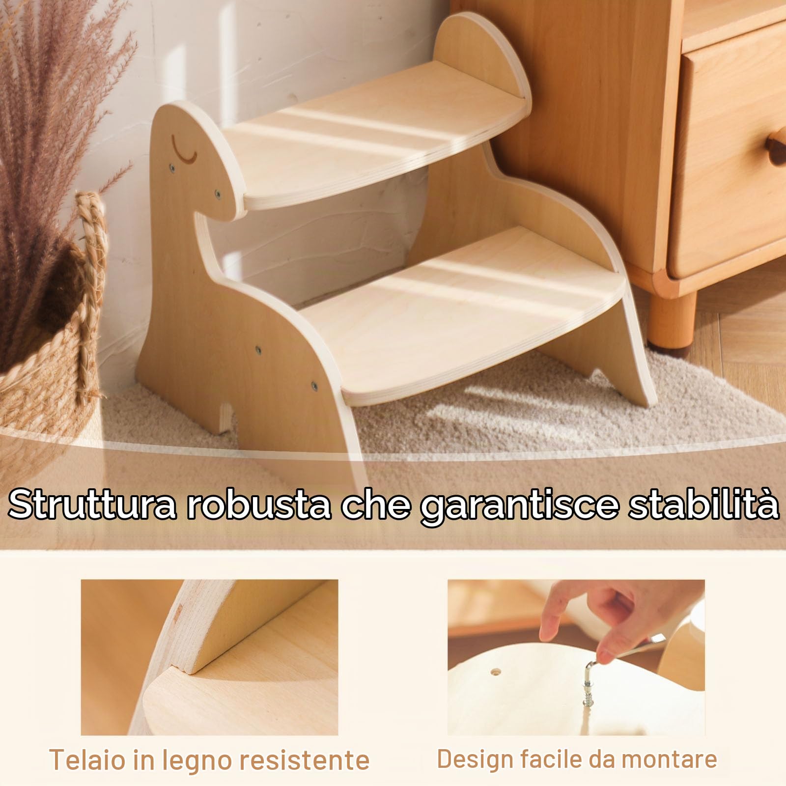 Torre Montessori di Apprendimento in Legno per Bambini, Sgabello a 2 Livelli Contro Parete Mobile Dinosauro, Mobili Dino per Stanza, Bagno, Cucina, WC
