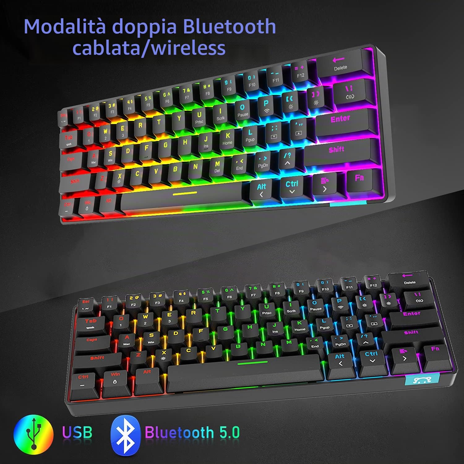 Tastiera meccanica al 60% con cavo / senza fili Tastiera Bluetooth 5.0 RGB Arcobaleno retroilluminato a LED USB Type-C Tastiera da gioco impermeabile Tasti anti-ghosting (interruttore marrone)