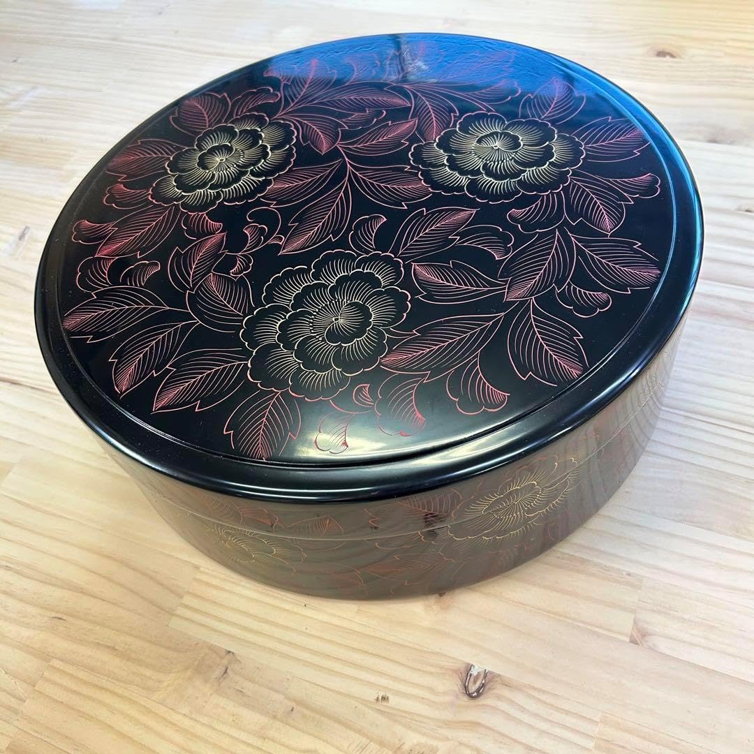 輪島塗り 茶櫃 木製 丸盆 茶道具 木製漆器 漆芸 漆器 工芸品 蒔絵 茶道具 輪島塗 高釉厚三作 扇面春秋蒔絵 平棗 共箱 D R4335の