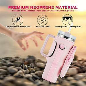 BULKITEM Water Bottle Carrier Bag with Phone Pocket for Stanley 40 & 30 oz Tumbler with Handle,Pink Insulated Neoprene Cup Holder Pouch w/Adjustable Strap for Quencher H2.0 Stanley Cup Accessories