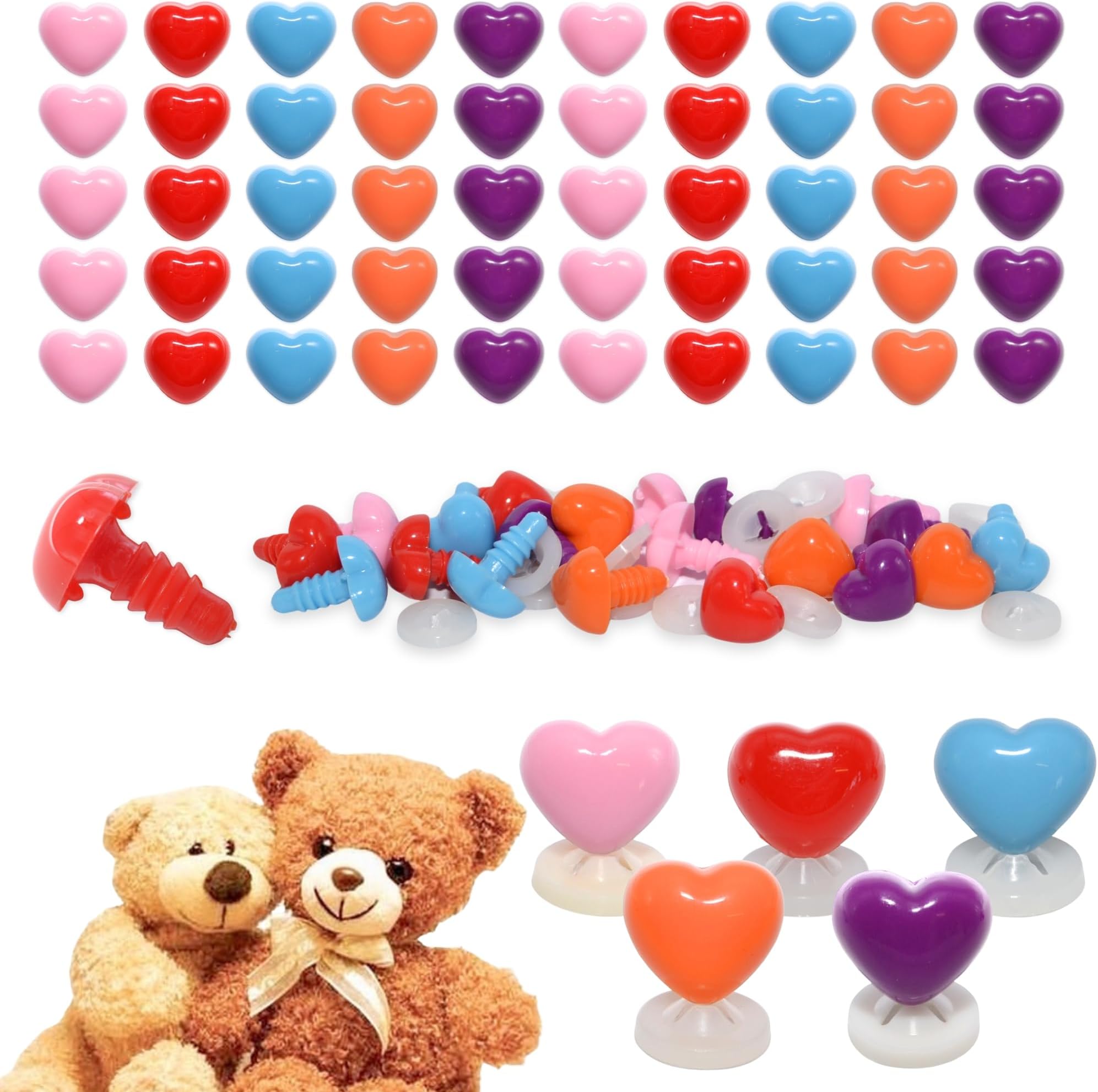 celloexpress 15mm x 13mm Mixed Heart Noses with Plastic Backs - Safety Noses for Soft Toy Teddy Bear Animal Making (Pack of 100)