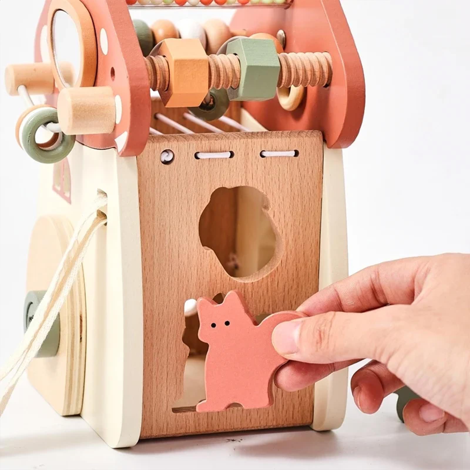 Cubo di attività in legno, classificatore di forme Montessori e giocattolo dell'Arca di Noè, centro di apprendimento musicale multisensoriale con manopole a fungo ed elementi a percussione