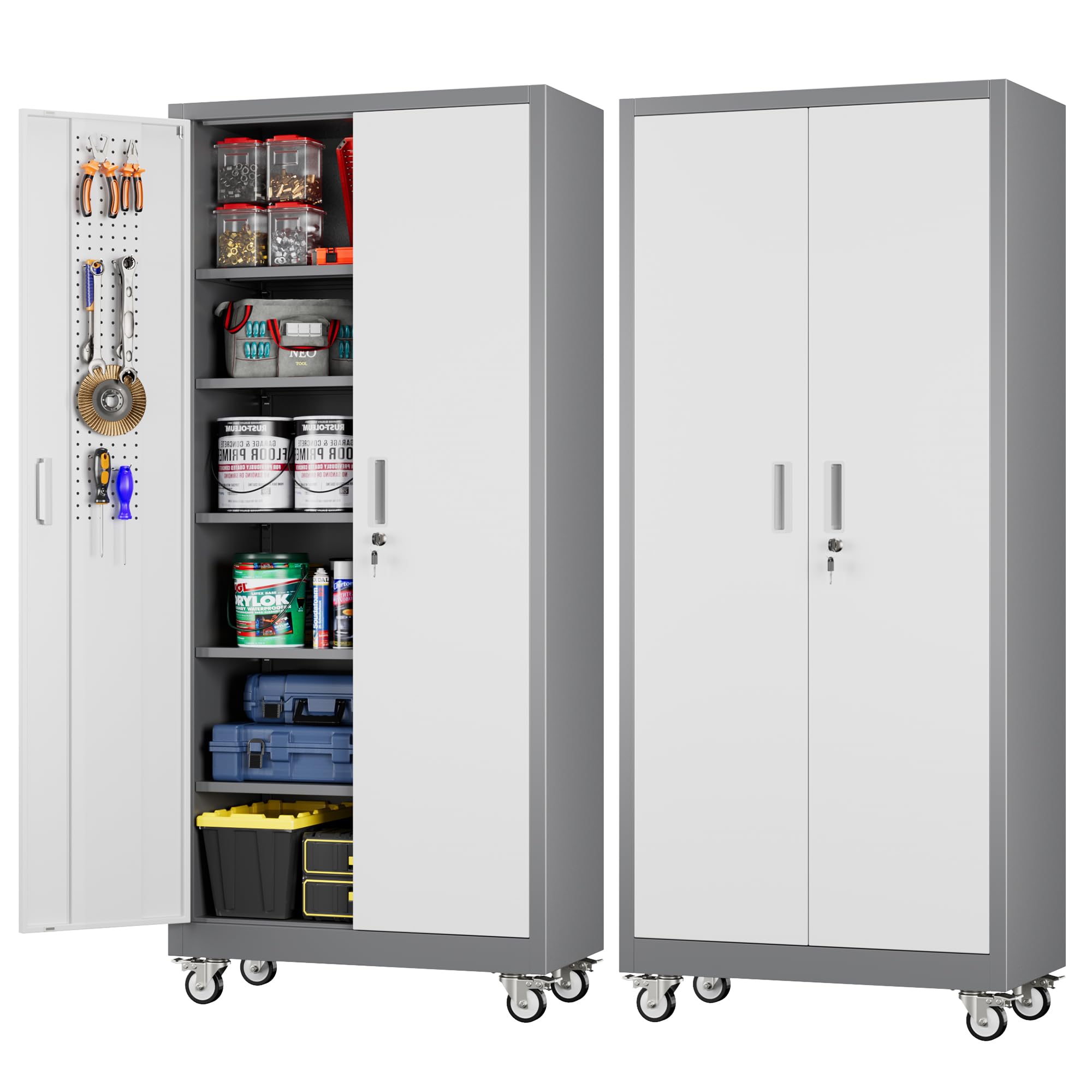 Aobabo Upgrade 71H''*32''W*16''D Metal Garage Storage Cabinet with Wheels and Pegboards, 5 Adjustable Shelves Steel Storage Cabinets for Home,Warehouse,Garage,Assembly Required,Grey and White