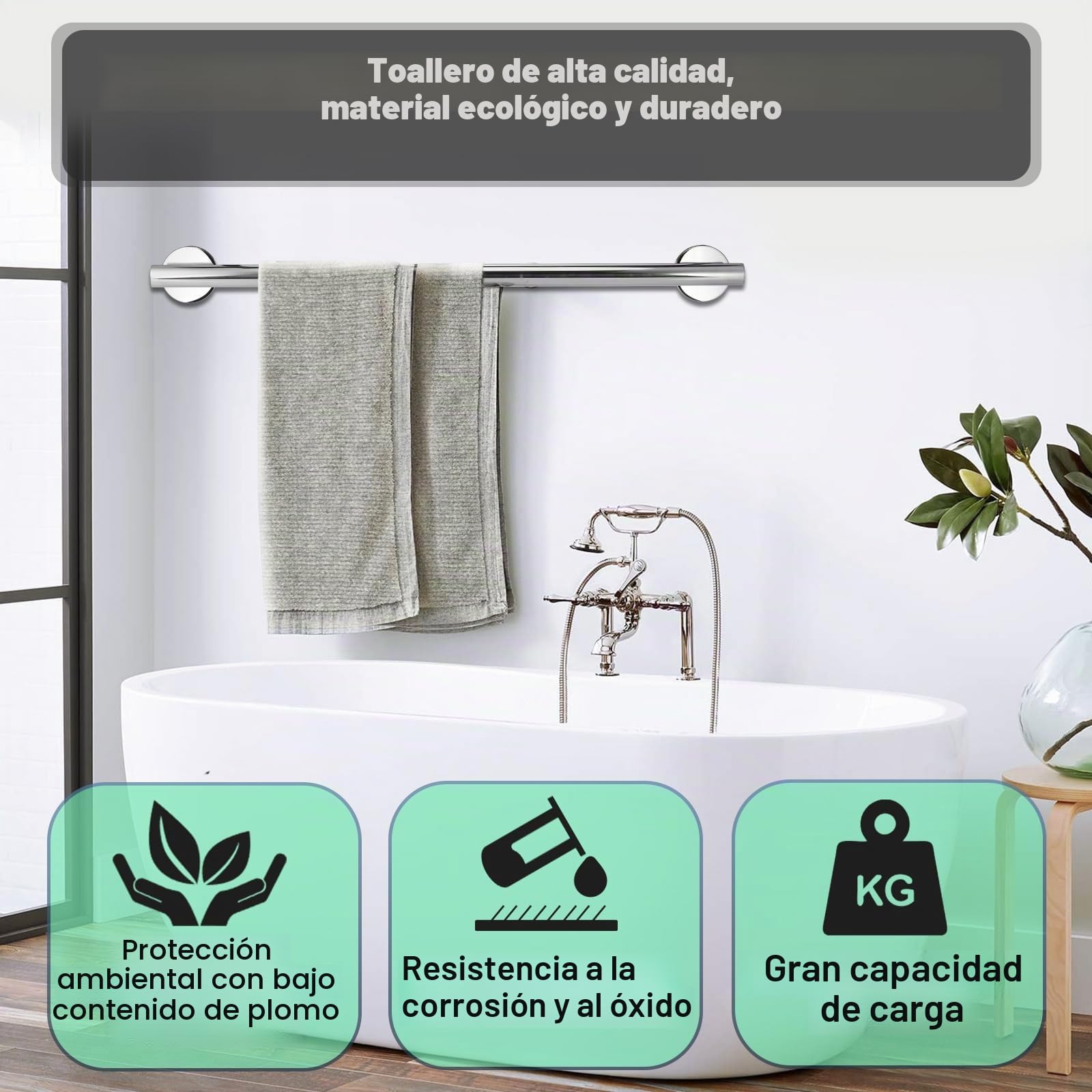 3Pcs Juego Accesorios Baño de Acero Inoxidable Superficie Lisa, Toalleros de Baño Pared 50cm,Portarollos Papel Higienico,Ganchos,Barra Toallero,Toallero, Tornillos para Dormitorio, Cocina, Hotel
