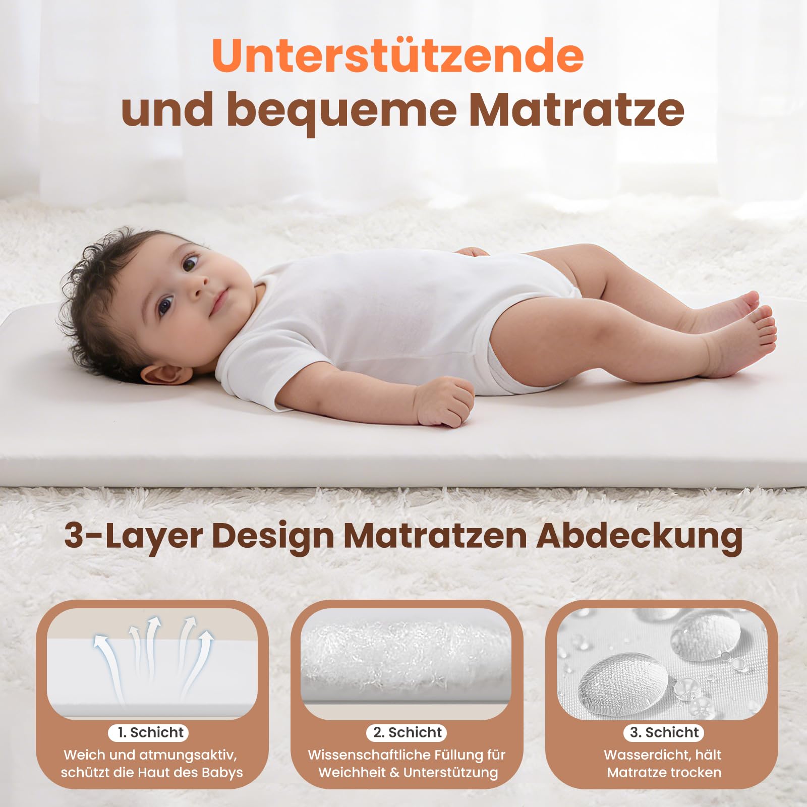 3-in-1-Babybett für Babys von der Geburt bis 9 kg, tragbares Kinderbett, Reisebett, Baby-Kinderbett, Nachttisch, Kinderbett für Neugeborene, Beige