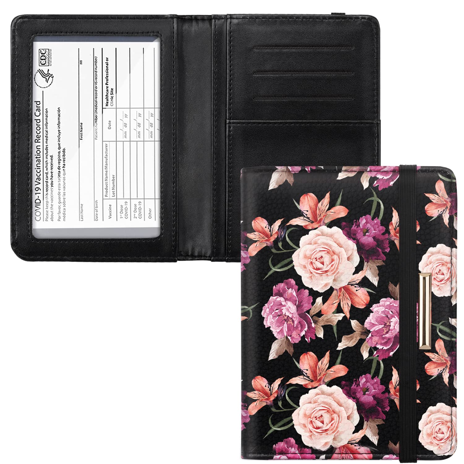 Coco RossiPassport and Vaccine Card Holder,Traveling Passport Cover with CDC Vaccination Card Slot RFID Blocking Passport Wallet for Women and Men, Black Flowers,