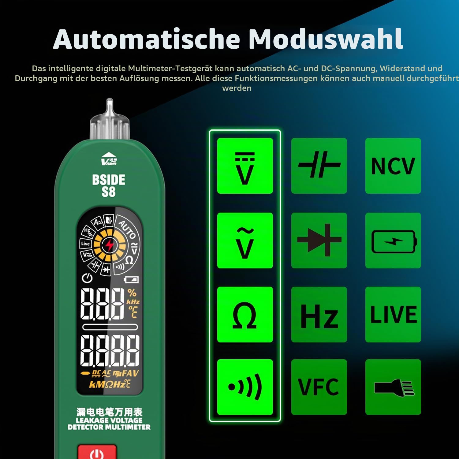 BSIDE S8 Digital Multimeter Automatisch AC Spannungsprüfer Berührungslos Leckspannung Tester 3 in 1 Große Farbdisplay Phasenprüfer Durchgangsprüfer Aufladbare VFD Hz Ohm Kapazitätsmessung