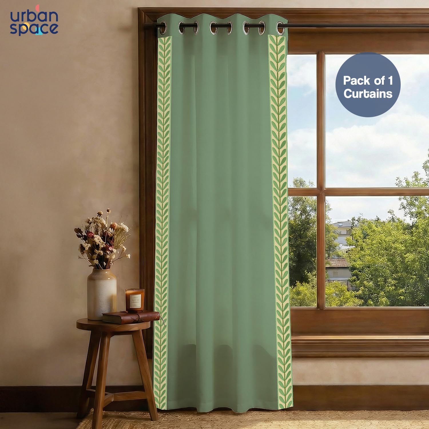 Urban Space Bohemian Curtains for Window, 100% Cotton Curtain 5 Feet Long, 1 Piece Decorative Curtain with Embroidered Lace, Tieback & Eyelets Included (Leaves lace - Sage Green, Window - 5 feet)