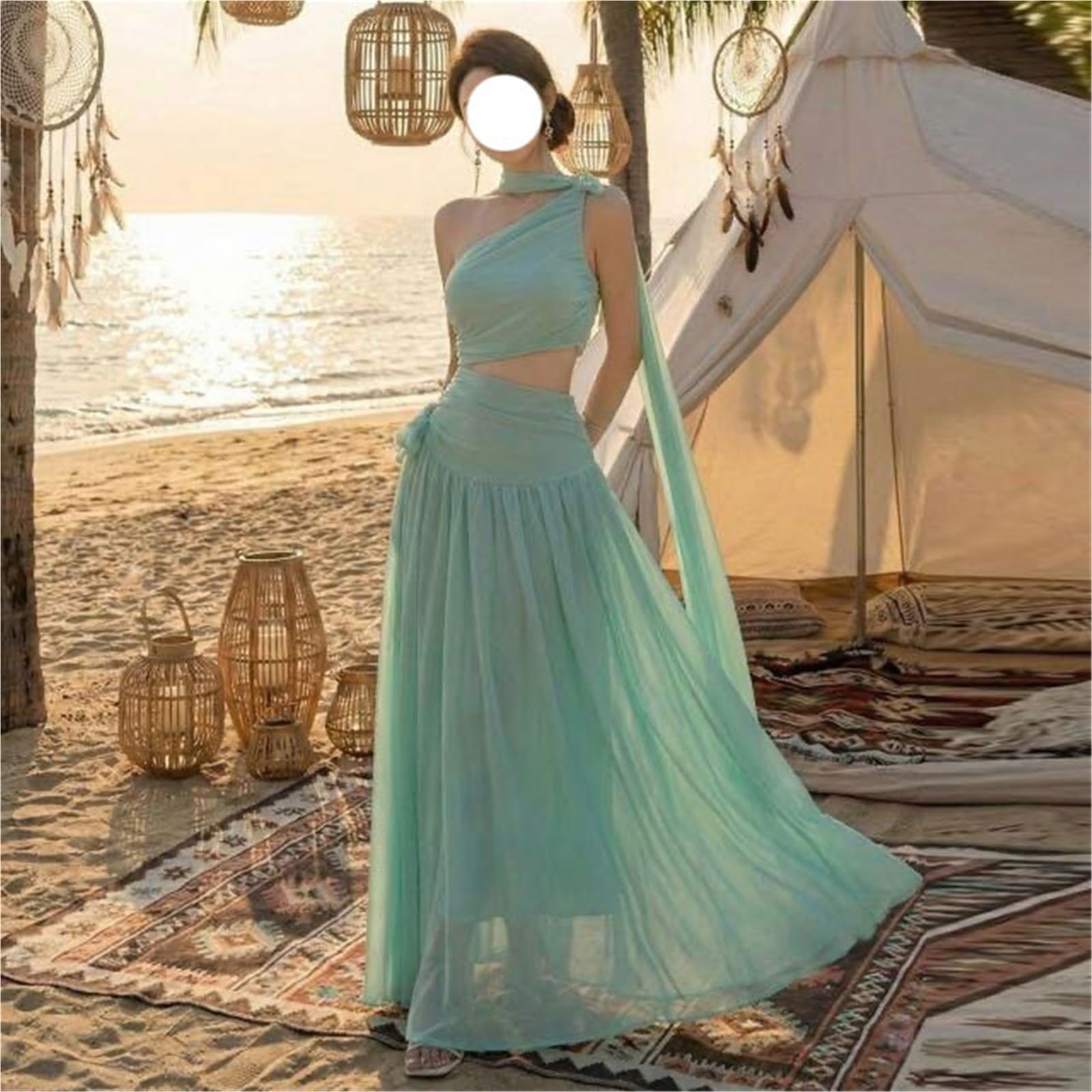 Vestido de Playa Verano for Mujer, Vestido Gasa sin Mangas con Hombros Descubiertos, Falda Irregular Cintura Alta Informal for Vacaciones, Estilo Cremallera