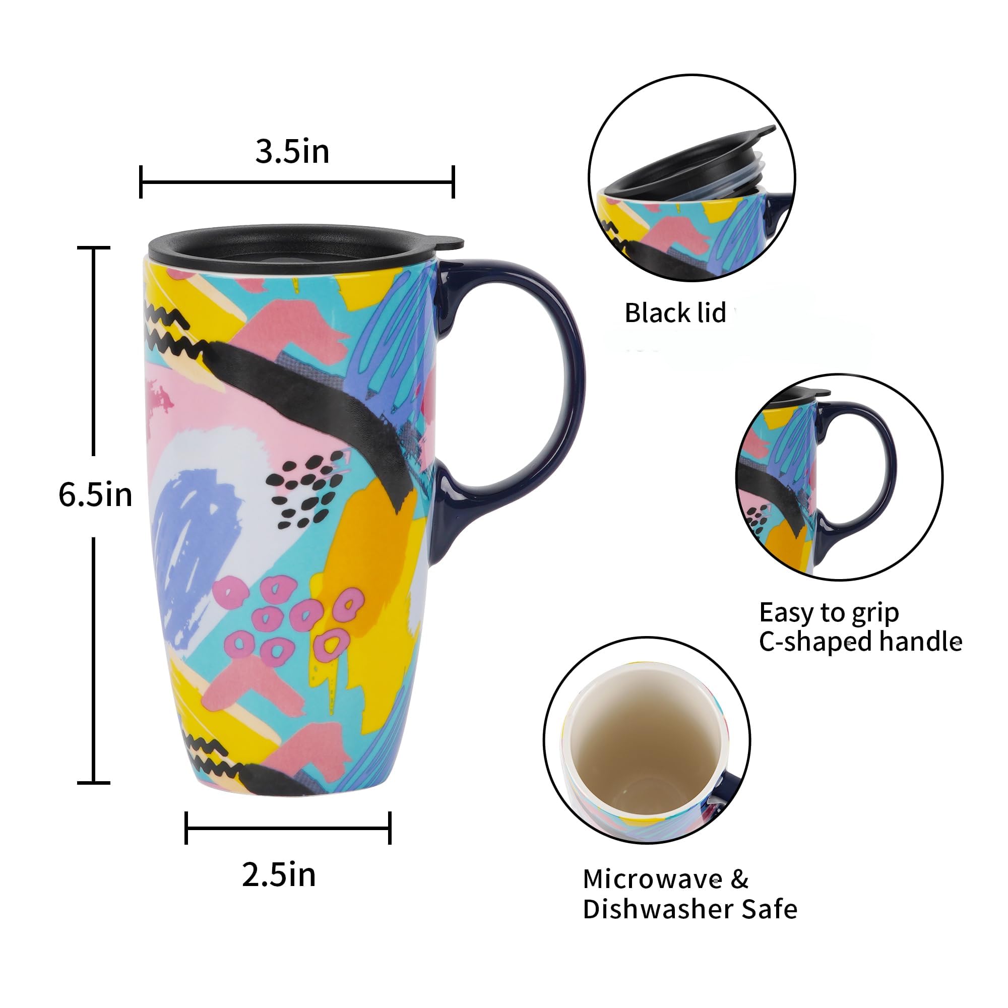 DUSVALLY Tazza Grande In Ceramica Con Coperchio - 500 Ml - Design Cactus - Adatta A Microonde E Lavastoviglie