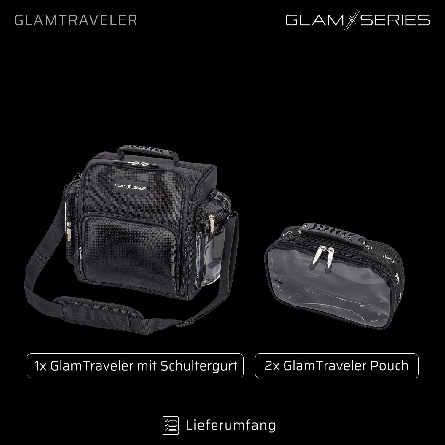 GlamTraveler Borsa porta trucchi con 3 astucci, trousse con fibbia per fissaggio a valigie, pochette da lavoro ideale per truccatori e parrucchieri