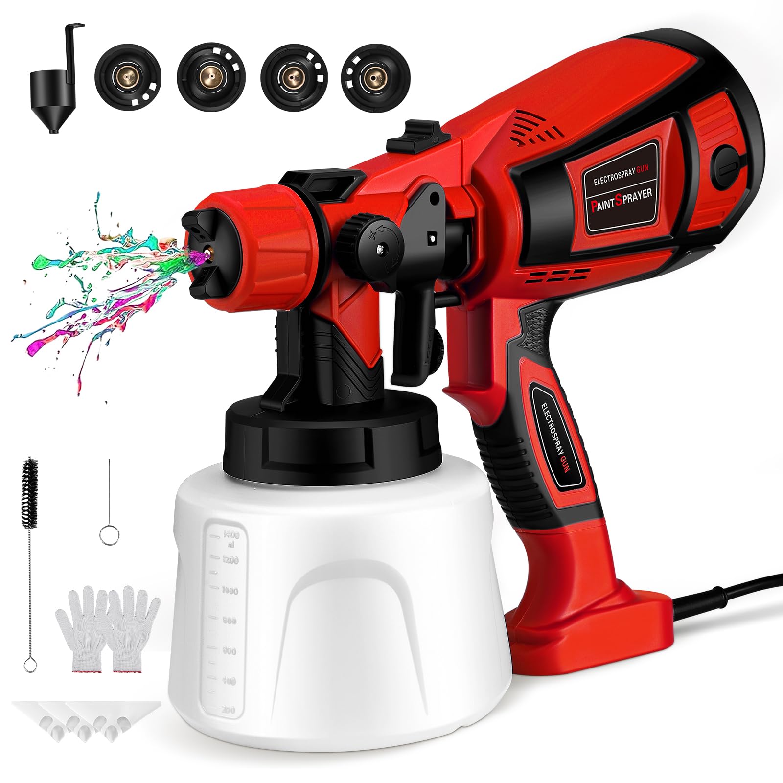 Pistola de Pintura, Pistola de Pintura Eléctrica HVLP 800W con 4 Boquillas Cobre 3 Patrones, Capacidad 1400ml Flujo Ajustable para Paredes Interior Exterior Vallas Techos Muebles, Rojo