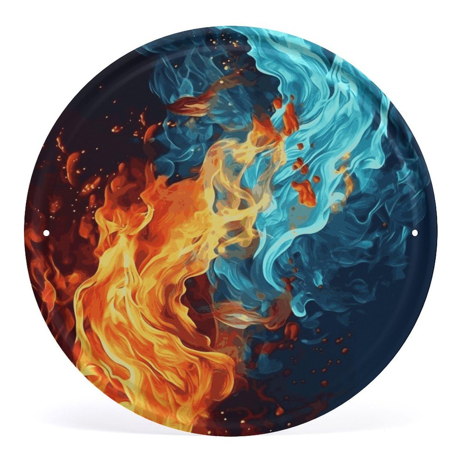 Fodpand Style Fire And Water Pattern Round Wall Art Hanging Decorations, Wall Decor Modern Minimalist Artwork, Tin Sign Hanging Picture For Living Room, Bedroom, Office, Hallway, 11.8X11.8 Inch