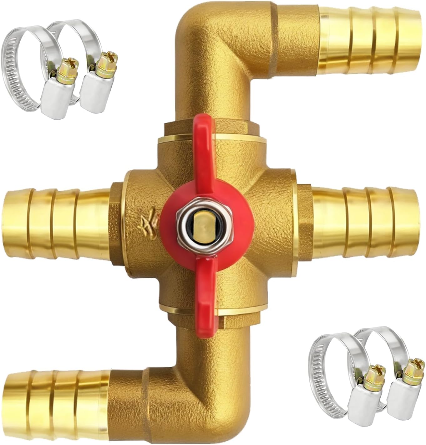 Solid Brass 3/4" Heater Control Valve, Integrated 4-Way Automobile Heating Water Manual Control Valve, Car Heater Core Bypass Ball Valve Auto Part Kit with 4 Clamps for Air Conditioning System
