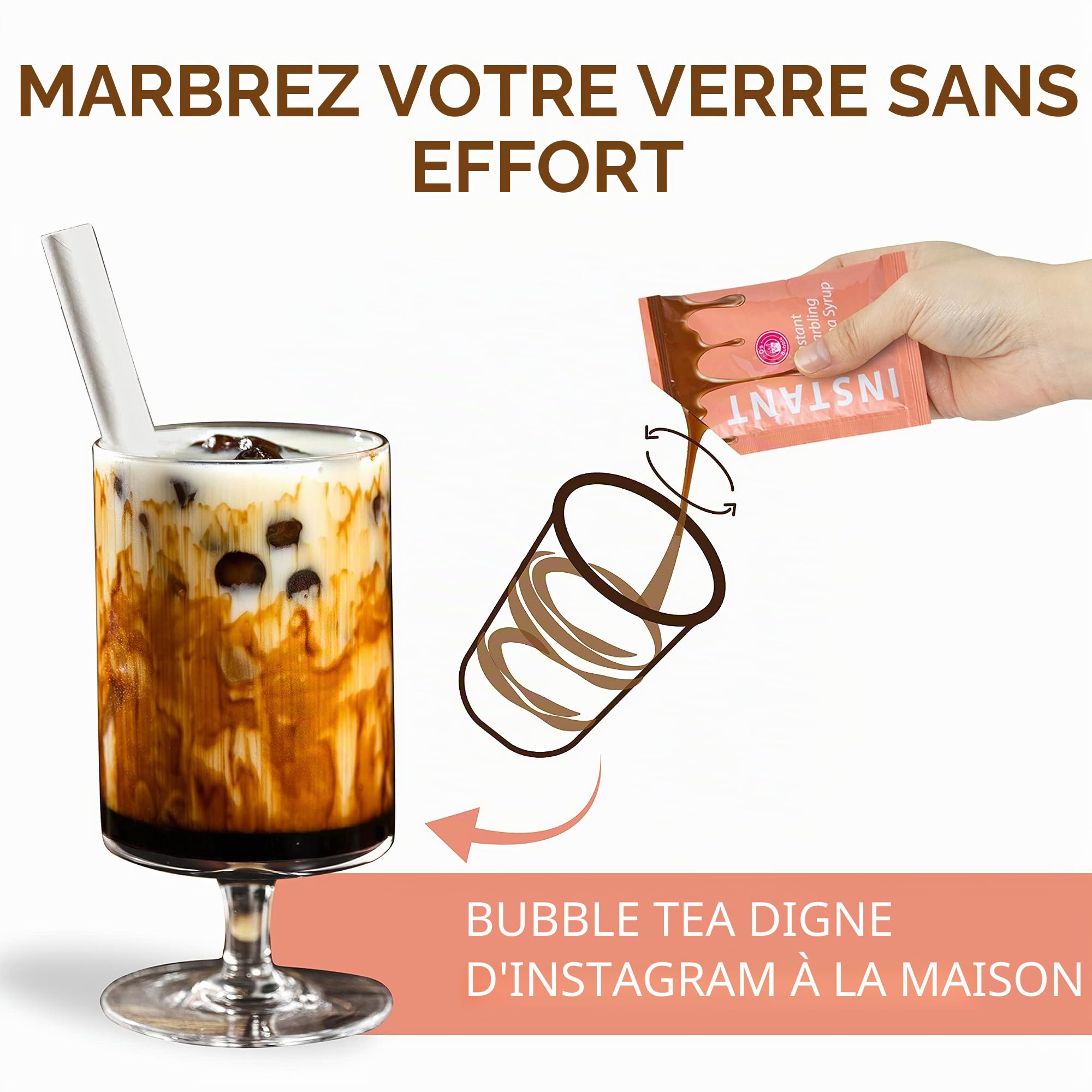 EasyCookAsia Service à thé à bulles prêt en 1 minute | 4 portions avec perles de tapioca, sirop de marbre de qualité supérieure et paille en papier | végétalien et sans gluten | thé boba authentique