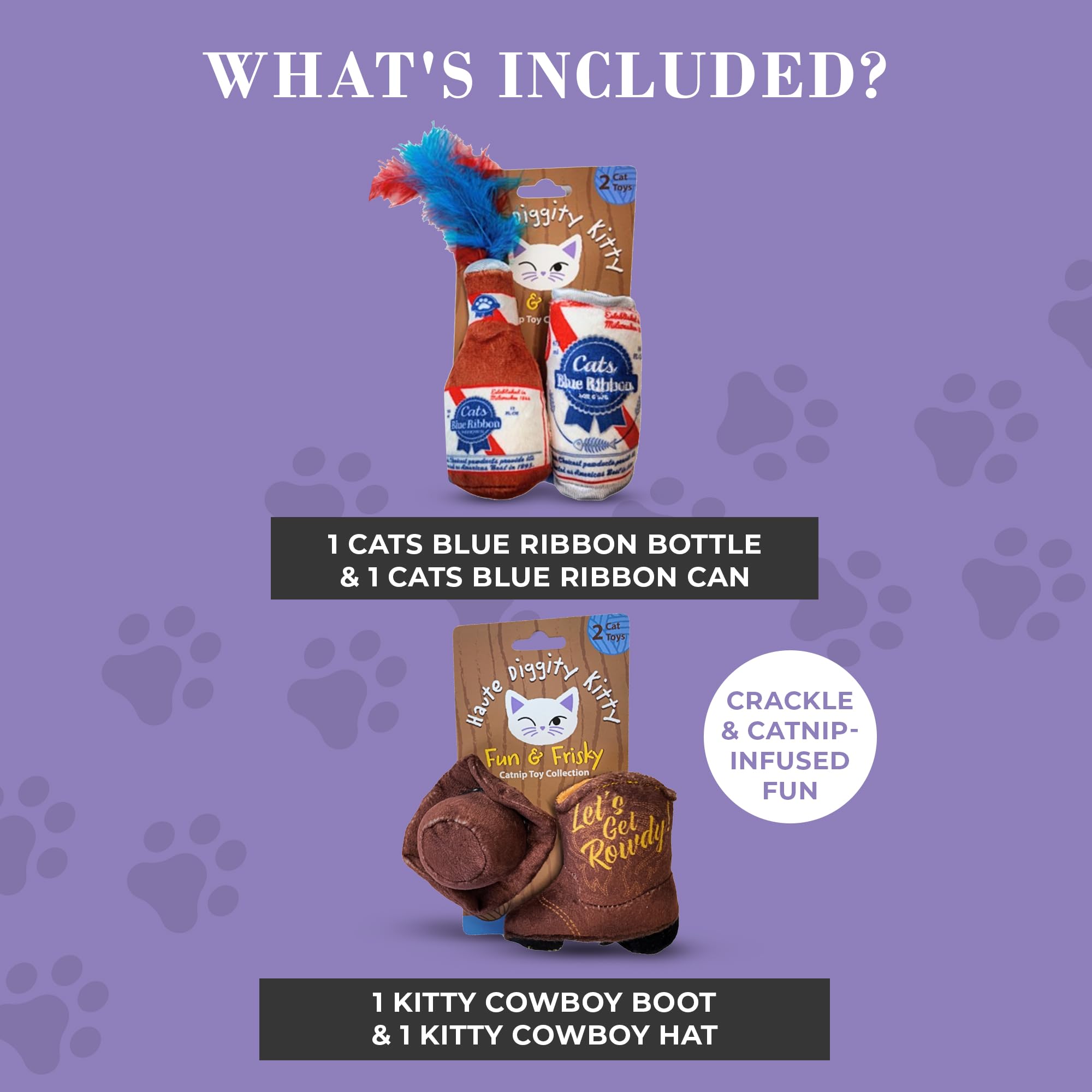 Haute Diggity Kitty Juego de cinta azul para gatos + gatito vaquero, juguetes de peluche para gatos rellenos de sonido crujido interactivo, juguetes seguros y duraderos para gatos y gatitos, 4 piezas