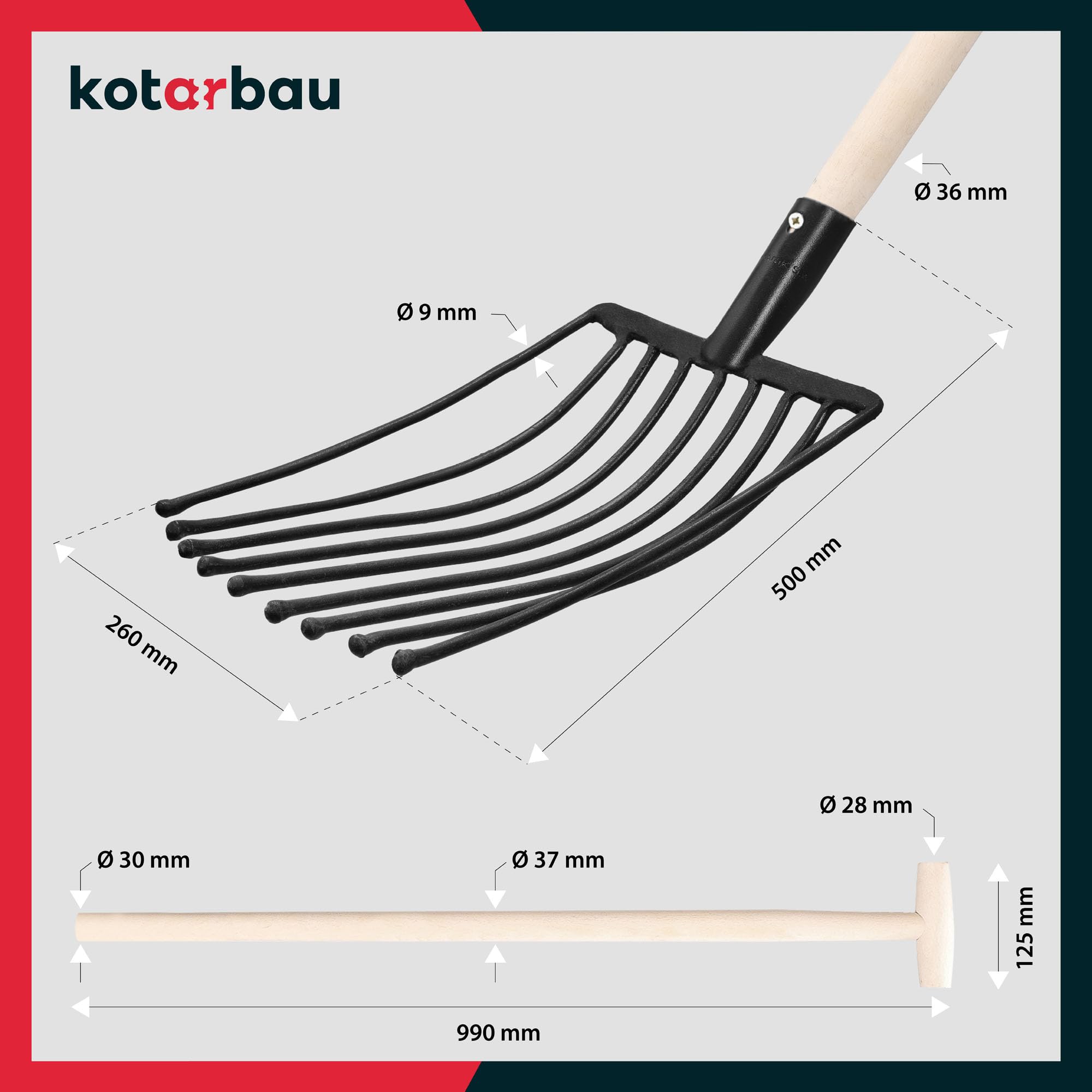 KOTARBAU® Horca de 9 púas, Horca con púas terminadas en Bolas para no dañar tubérculos, Horca para Patata, Remolacha y maíz, Horca de Acero con Botones, Horca con Mango de Madera, Horca para Campo