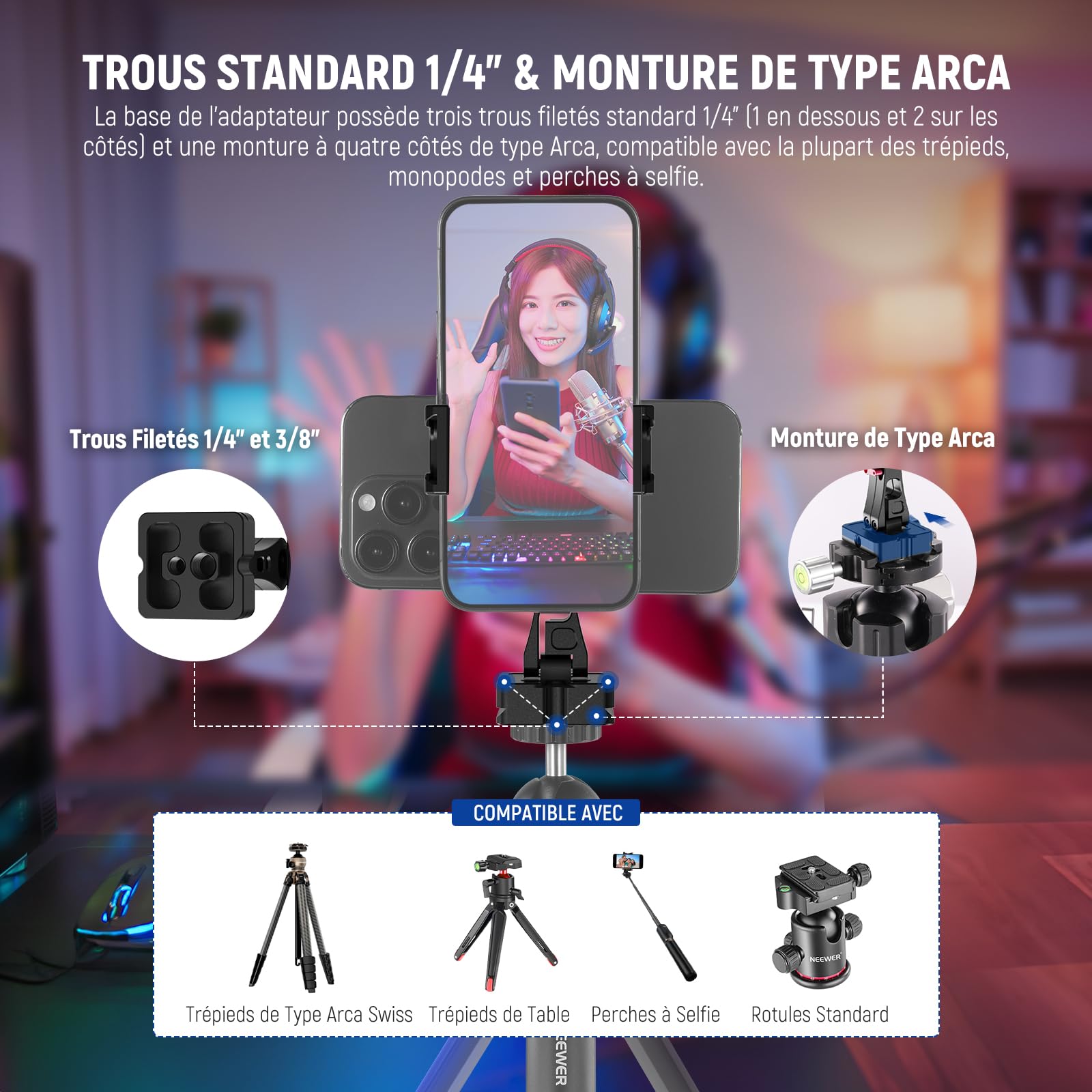 NEEWER Adaptateur Support de Trépied Téléphone en Métal avec Base Arca QR,Support de Pince à Double Clip pour Téléphone Portable Rotatif à 360°avec 4 Sabots Froids Compatible avec iPhone Samsung,SP-08