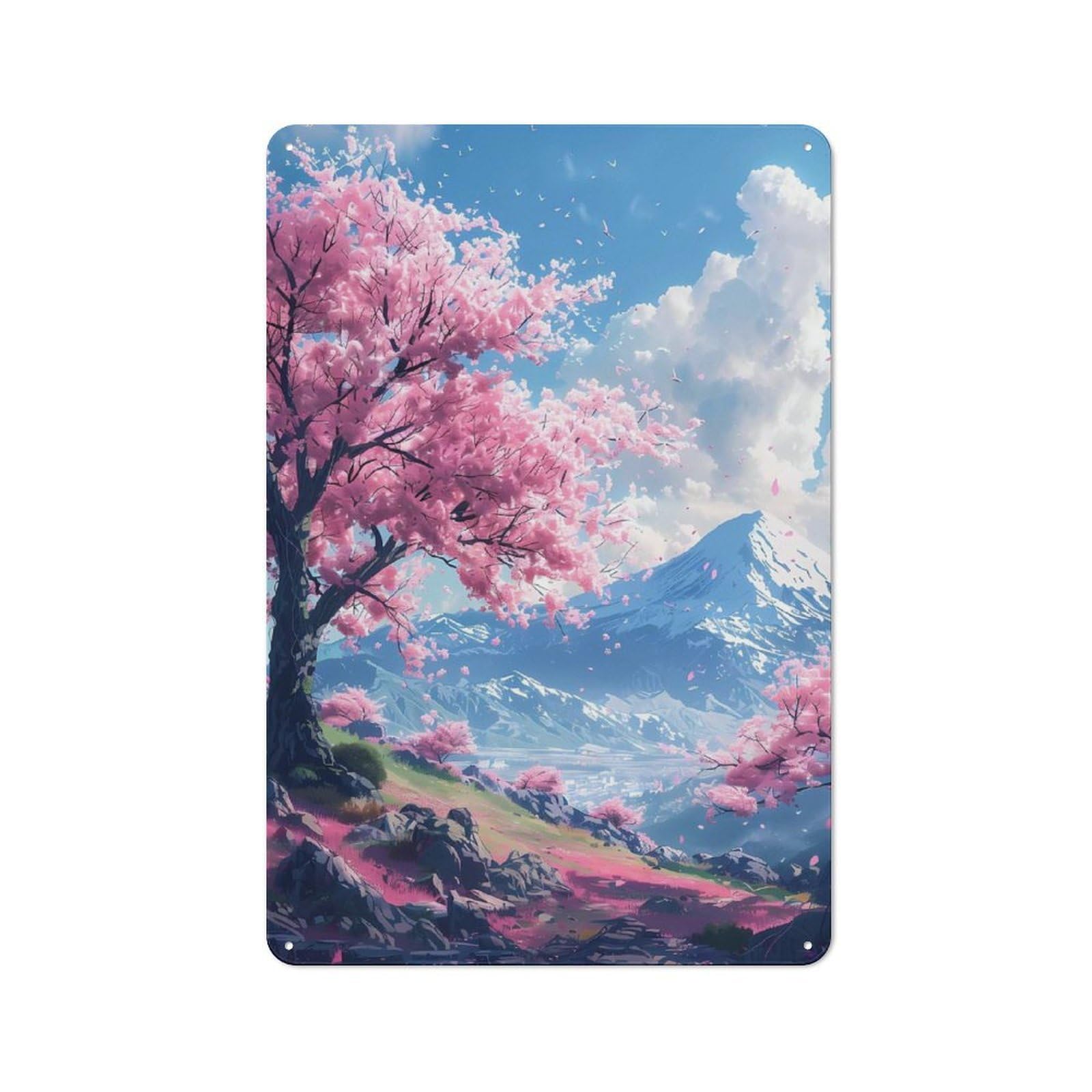 Junmoney Cherry Blossom Tree Lofi Smart Decorative Metal Sign 30X20cm, Studio Wall Plaque For Hobby Room, Office, Lounge Or Living Room