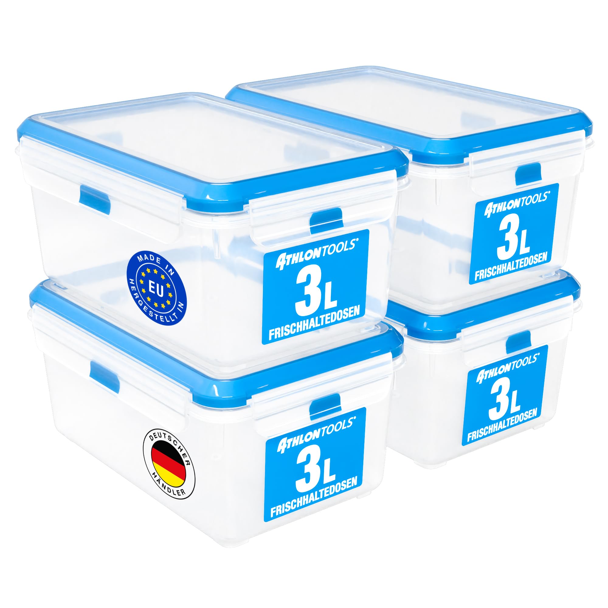 ATHLON TOOLS 4x 3L Frischhaltedosen-Set in Gastro-Qualität - 100% luftdicht und auslaufsicher -40 bis +100 Grad - für alle Lebensmittel - BPA-frei - Vorratsdosen für Kühlschrank (3 L | 4er Set)