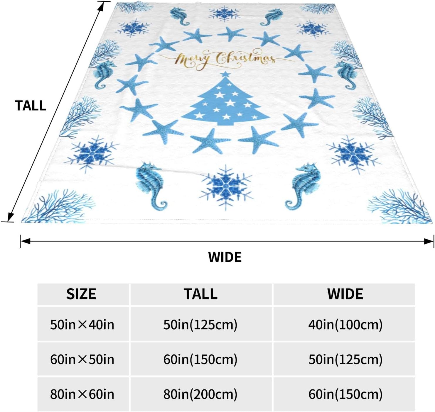 Merry Christmas Throw Blanket 60"X 50" Seahorse Snowflake Starfish Soft Warm Flannel Fleece Bed Blankets Gift for Adults