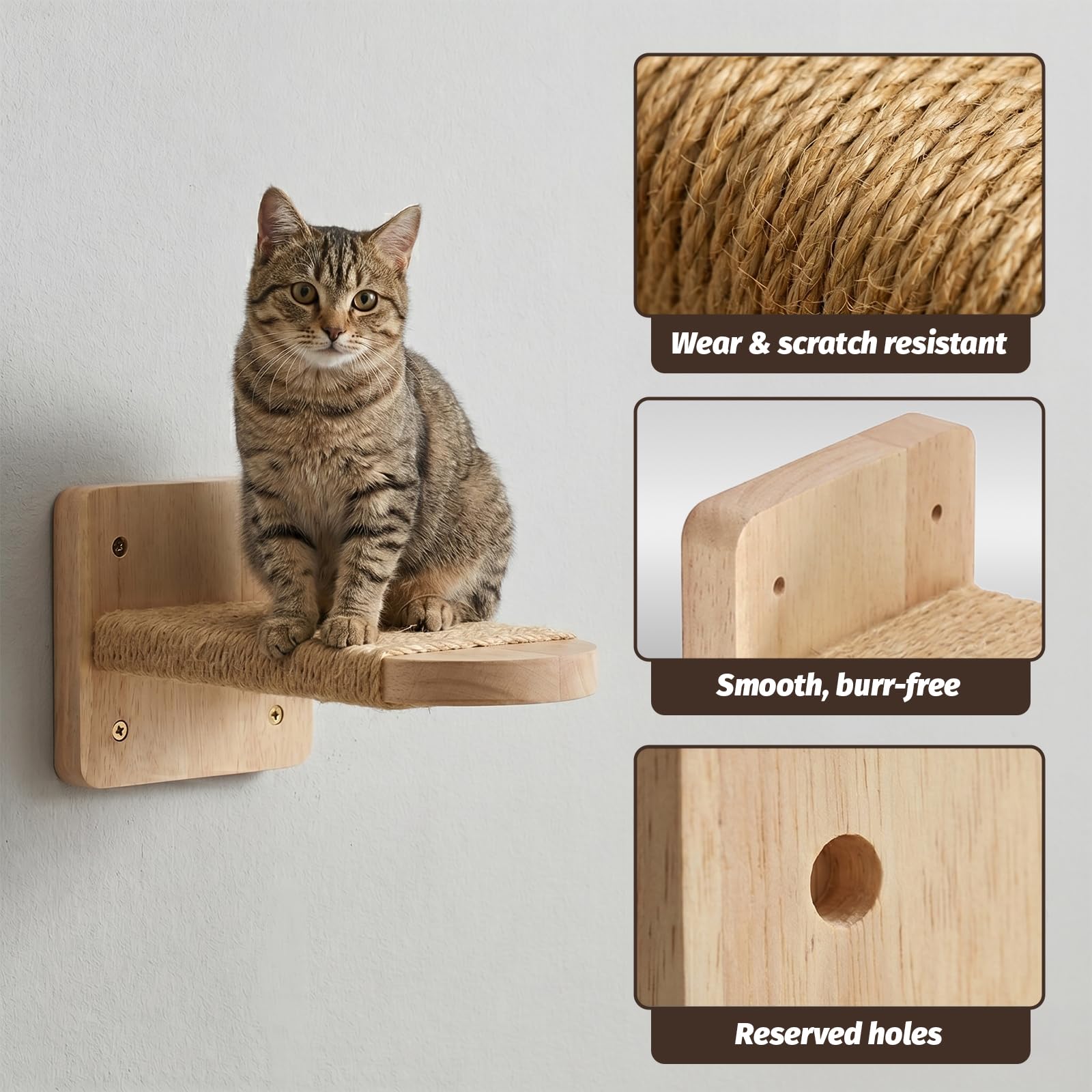 Katzentreppe Wand: 4 Stück Massives Gummibaumholz Katzen Kletterwand mit Jute-Seilen zum Kratzen Geeignet zum Klettern, Ausruhen und Kratzen für Katzen