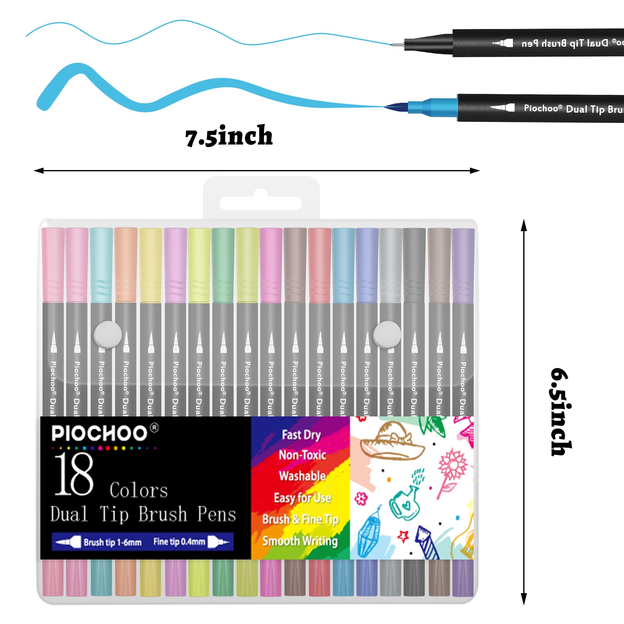 Piochoo Marker, 18 Farben, Dual-Pinsel-Marker, feine Spitze und Pinselspitze, Marker für Erwachsene, Malbücher, kein Verlaufen, Schulklassenzimmer, Kunstbedarf