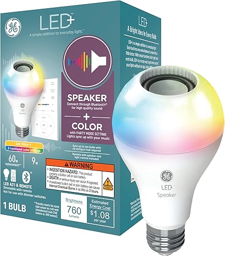GE LED+ - Bombilla LED con altavoz que cambia de color con control remoto, multicolor + blanco cálido, bombilla estándar A21