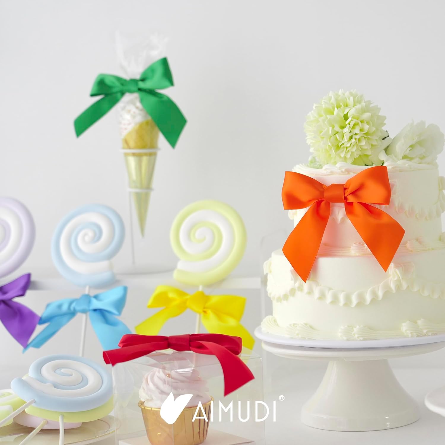 AIMUDI Rainbow Bows 4.5" Satin Bows with Twist Ties 6 Colors Bow for Gift Wrapping Crafts Treat Bags Baskets Cake Pop Premade Bow for Baby Shower Birthday Party Spring Decoration, 60 PCs image 2