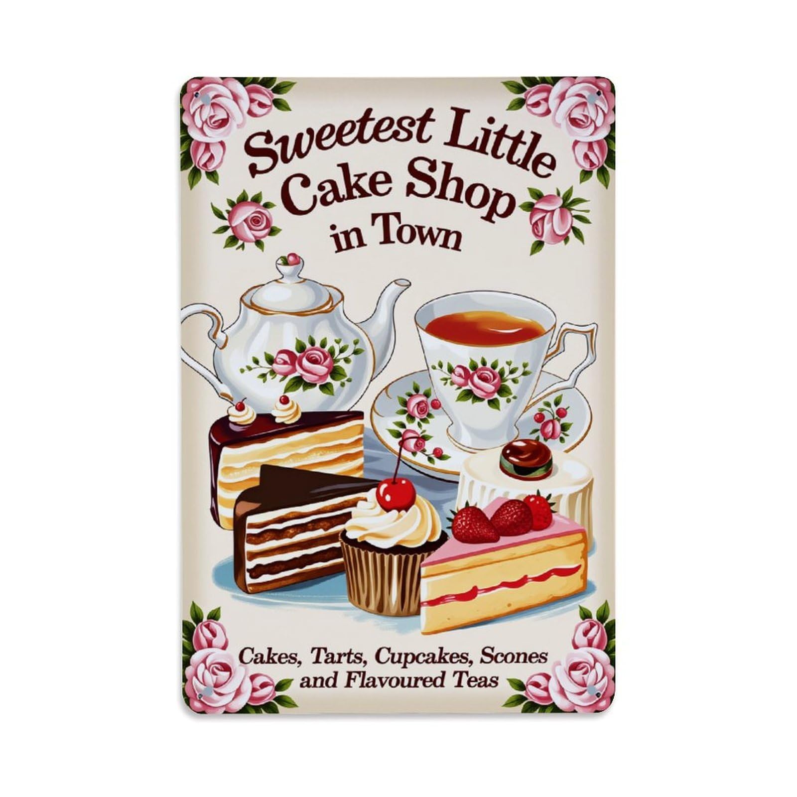 Enderetf Vintage Floral Teapot Cake Tea Cupcake Tin Sign Metal Poster, Home Bar Garage Man Cave Cafe Indoor & Outdoor Wall Decoration 8X12inches